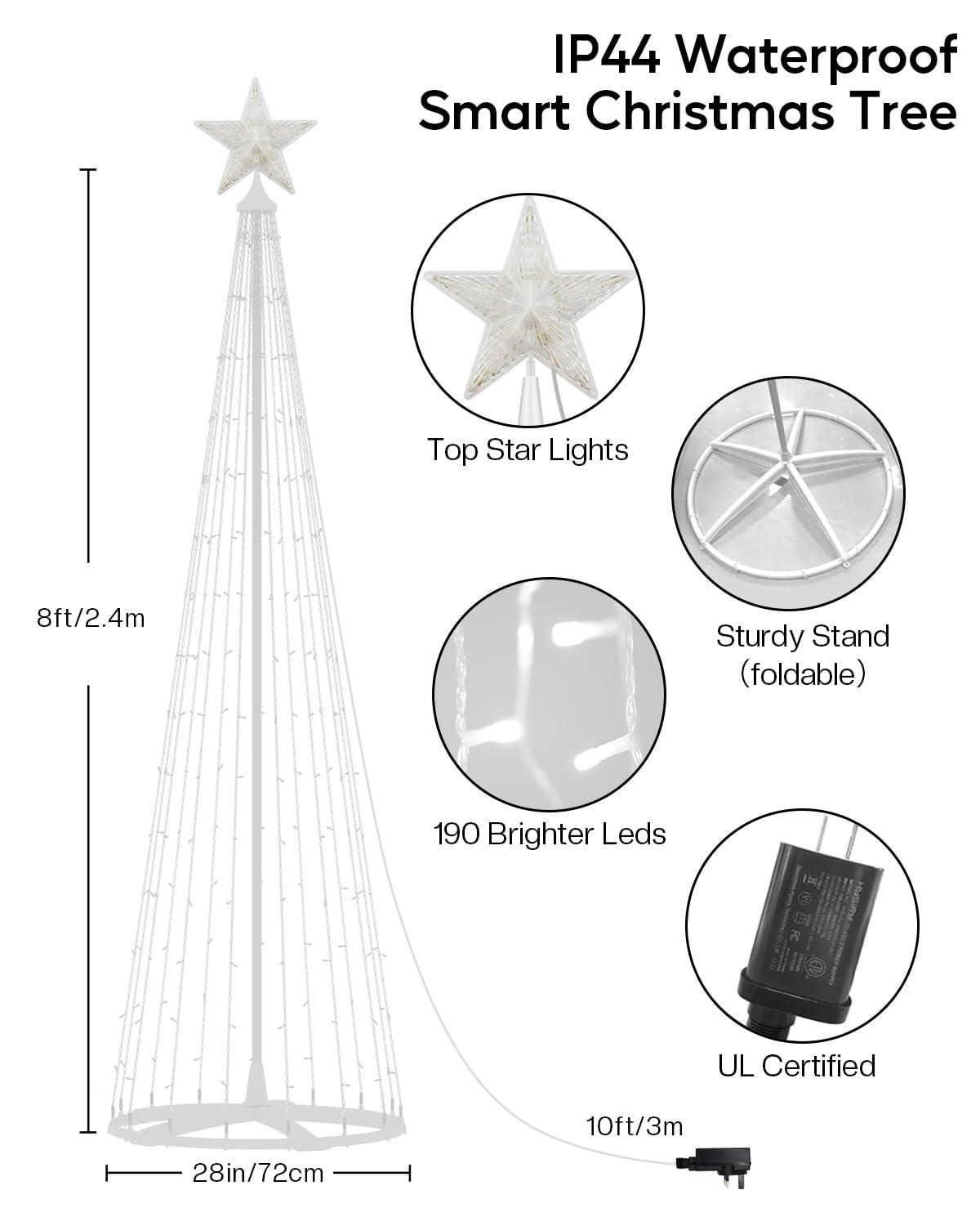 Avatar Controls 8FT Smart Outdoor Christmas Cone Tree, DIY Prelit Color Changing LED Christmas Tree Chasing Light Show App Remote Control, Music Timer Waterproof Large String Lights for Yard Decor