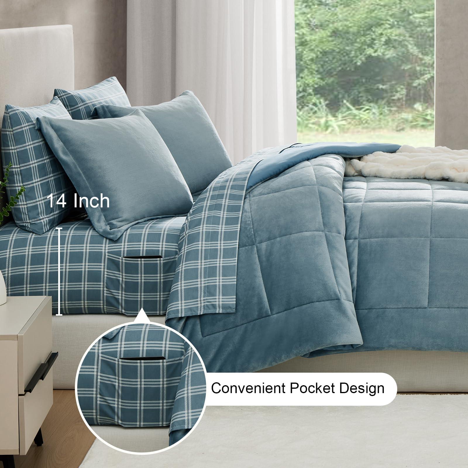 AMBERSPACE AMBERSPACE Plush King Size Comforter Set 7 Pieces, Light Blue Plush Flannel Velvet King Size Comforter Set with Sheets, Soft Warm Plush Comforters, King Bedding Set 7 Piece 102\"*90\" Light Blue