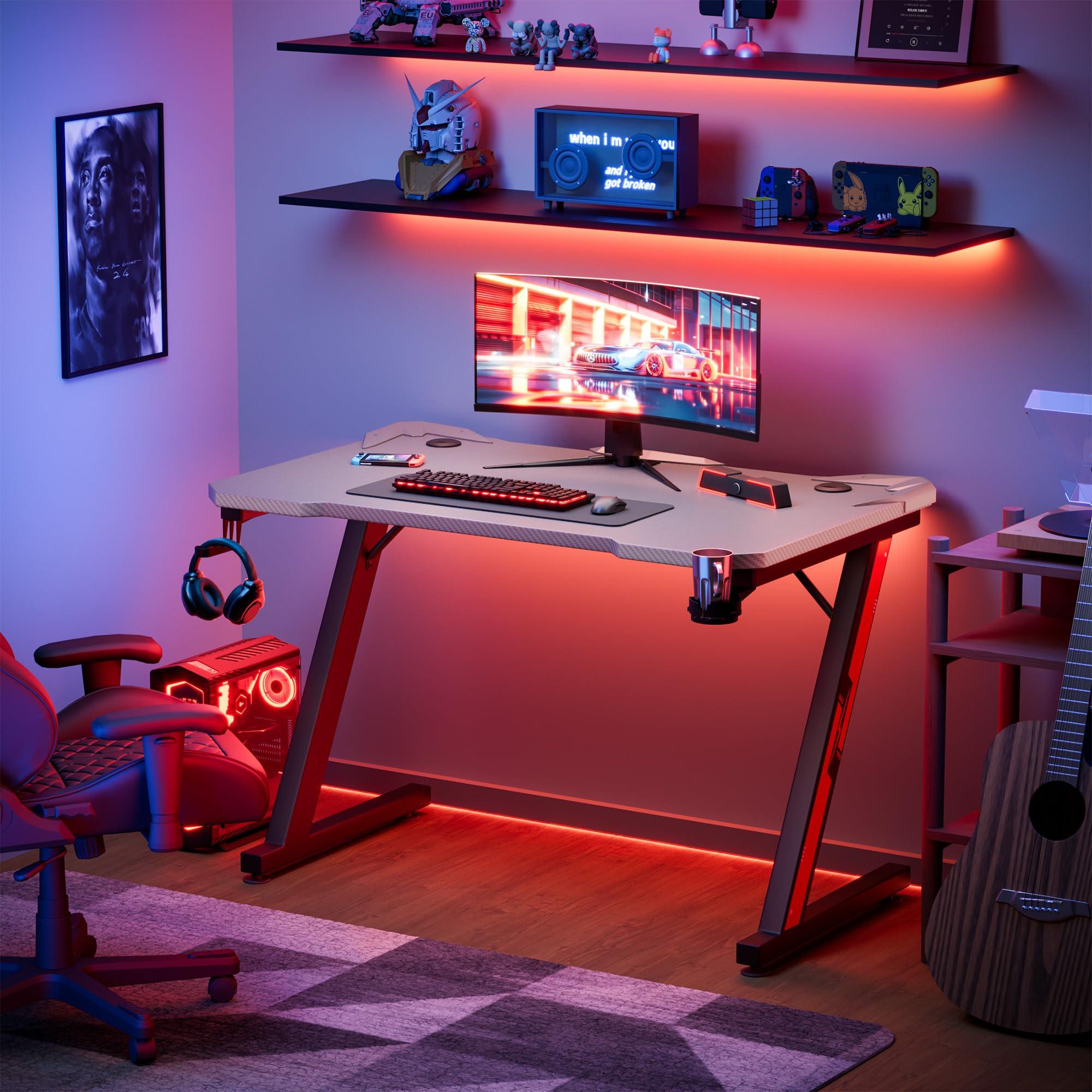 Furmax Furmax Gaming Desk Computer Desk Z-Shaped Gaming Table with Carbon Fibre Surface Home Office Desk PC Workstation Desk with Cup Holder, Headphone Hook Modern Style Desk (Gray, 44 inch)