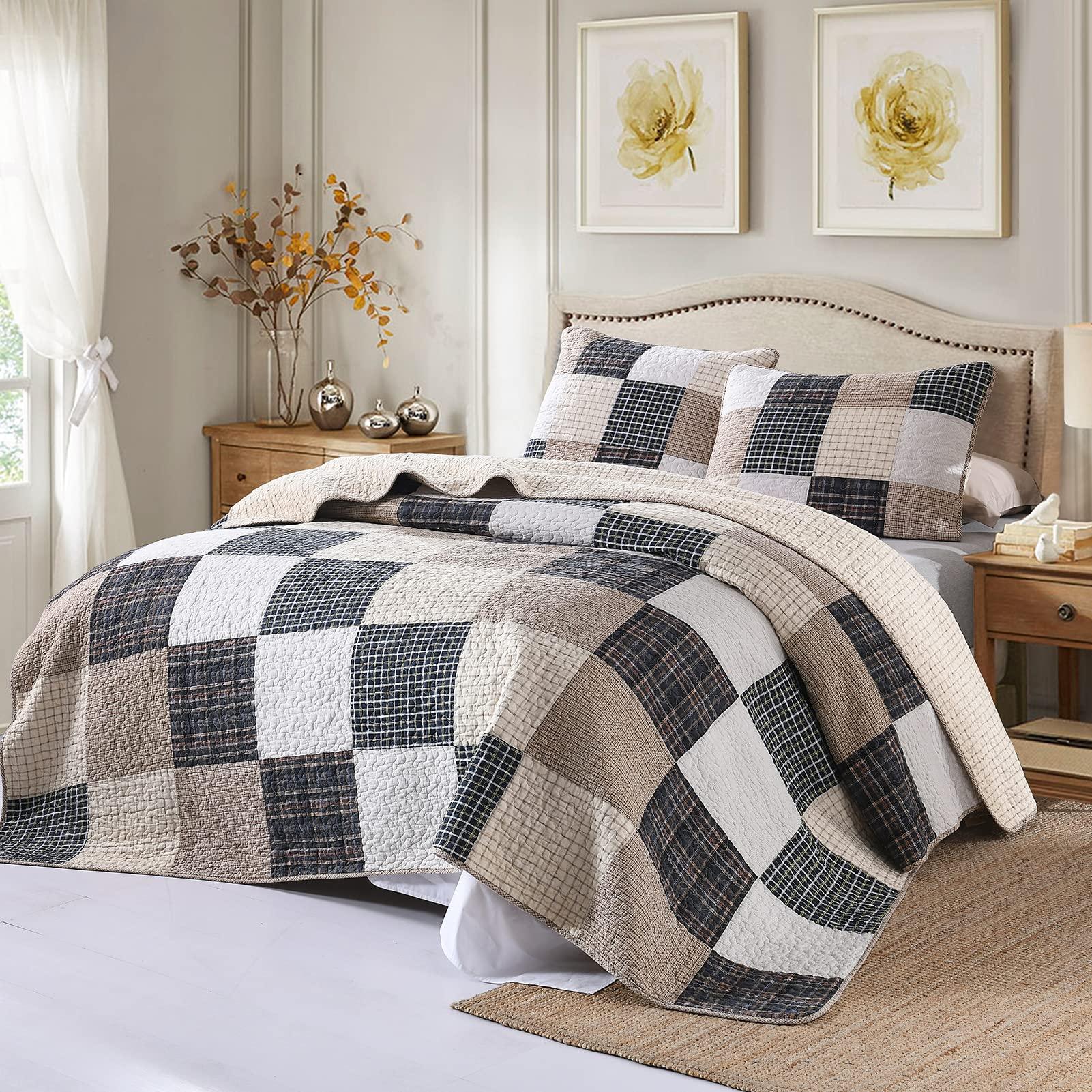 Y-PLWOMEN Y-PLWOMEN Quilts Queen Size, 100% Cotton Queen Quilt Set, Brown Khaki Black White Patchwork Plaid Queen Size Bedspread, Lightweight Reversible Soft Summer Quilt Bedding Set, 3-Pieces