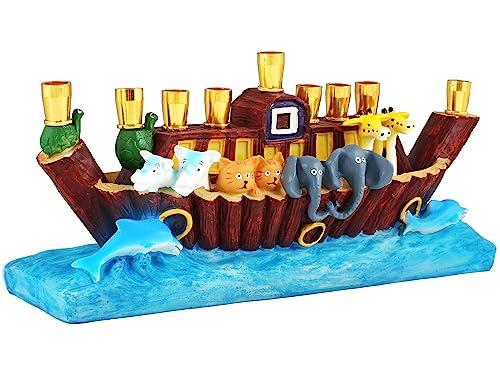 Aviv Judaica Aviv Judaica Sculptured Noah\'s Ark Menorah Biblical Themed Minorah Noachs Ark with Animals Children\'s Menorah Beautifully Painted Resin Hanukkiah Collectible Kids Chanukah Candle Holder Menurah