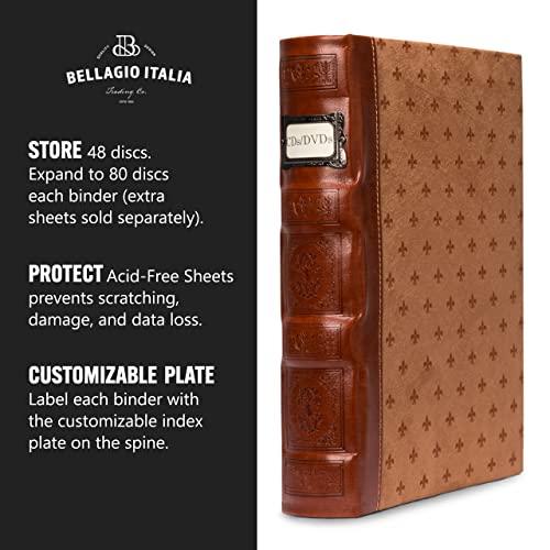 Bellagio-Italia Bellagio-Italia Tuscany CD/DVD Storage Binder Set - Leather - 144-Disc Capacity - Storage Organizer for DVDs, CDs, Blu Rays, & Video Games - Acid-Free Binder Organizer Sheets - 3 Pack - Cognac
