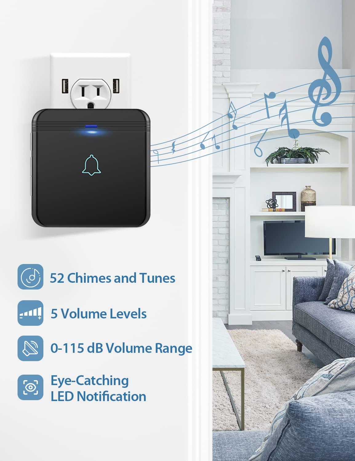 AVANTEK AVANTEK Wireless Doorbell, D-3B Waterproof Door Chime Kit Operating at over 1300 Feet with 2 Plug-In Receivers, 52 Melodies, CD Quality Sound and LED Flash