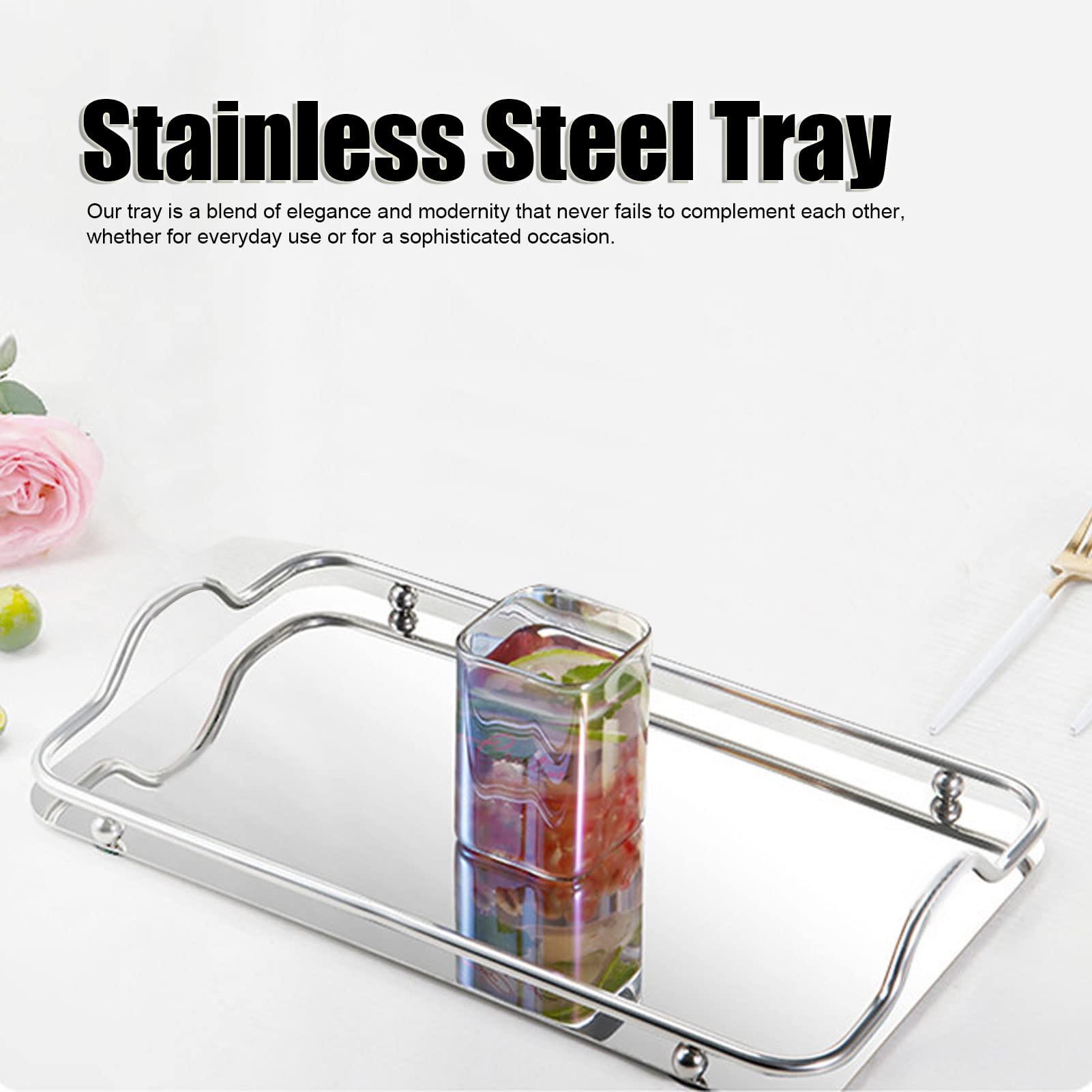 Sempoda Large Rectangular Tray with Handle, Exquisite Stainless Steel Tray, Simple Silver Storage Tray for Home Living Room Business, Convenient Multifunctional Holiday Food Tray