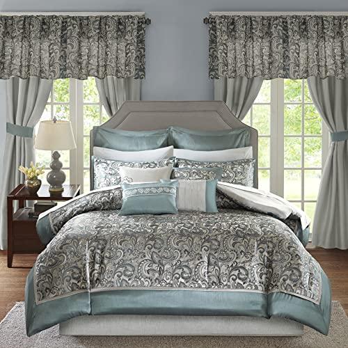 Madison Park Essentials Madison Park Essentials Brystol 24 Piece Room in a Bag Faux Silk Comforter Jacquard Paisley Design Matching Curtains - Down Alternative Hypoallergenic All Season Bedding-Set, Cal King, Teal 24 Piece
