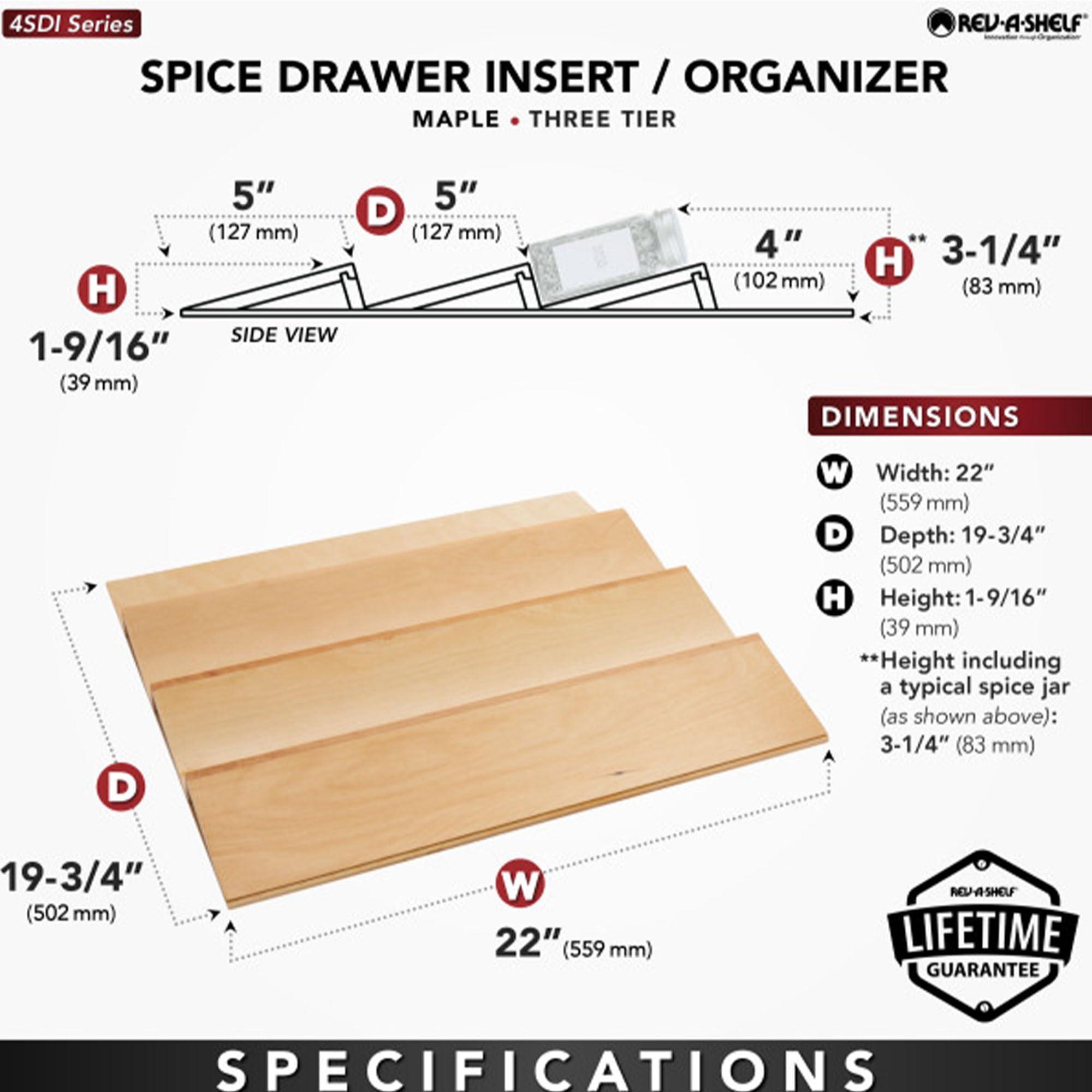 Rev-A-Shelf Rev-A-Shelf 22\" 3 Tiered Seasoning Organizer, Trim-to-Fit Wooden Kitchen Draw and Cabinet Home Storage Insert, Pull Out Spice Rack, Maple, 4SDI-24