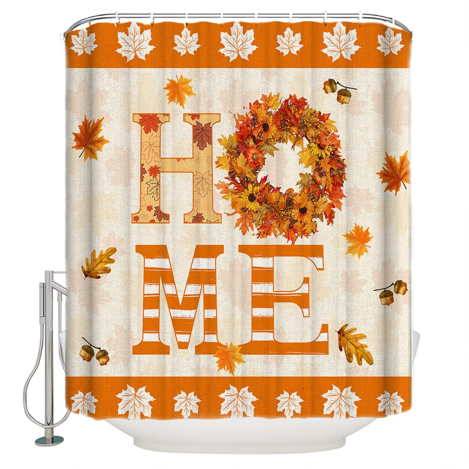 Yukro Fall Home Shower Curtain 36x72 Inch, Thanksgiving Farmhouse Maple Leaves Waterproof Bath Curtain with 12 Hooks, Home Marple Leaves Washable Polyester Wrinkle Free Shower Curtains for Bathroom Decor