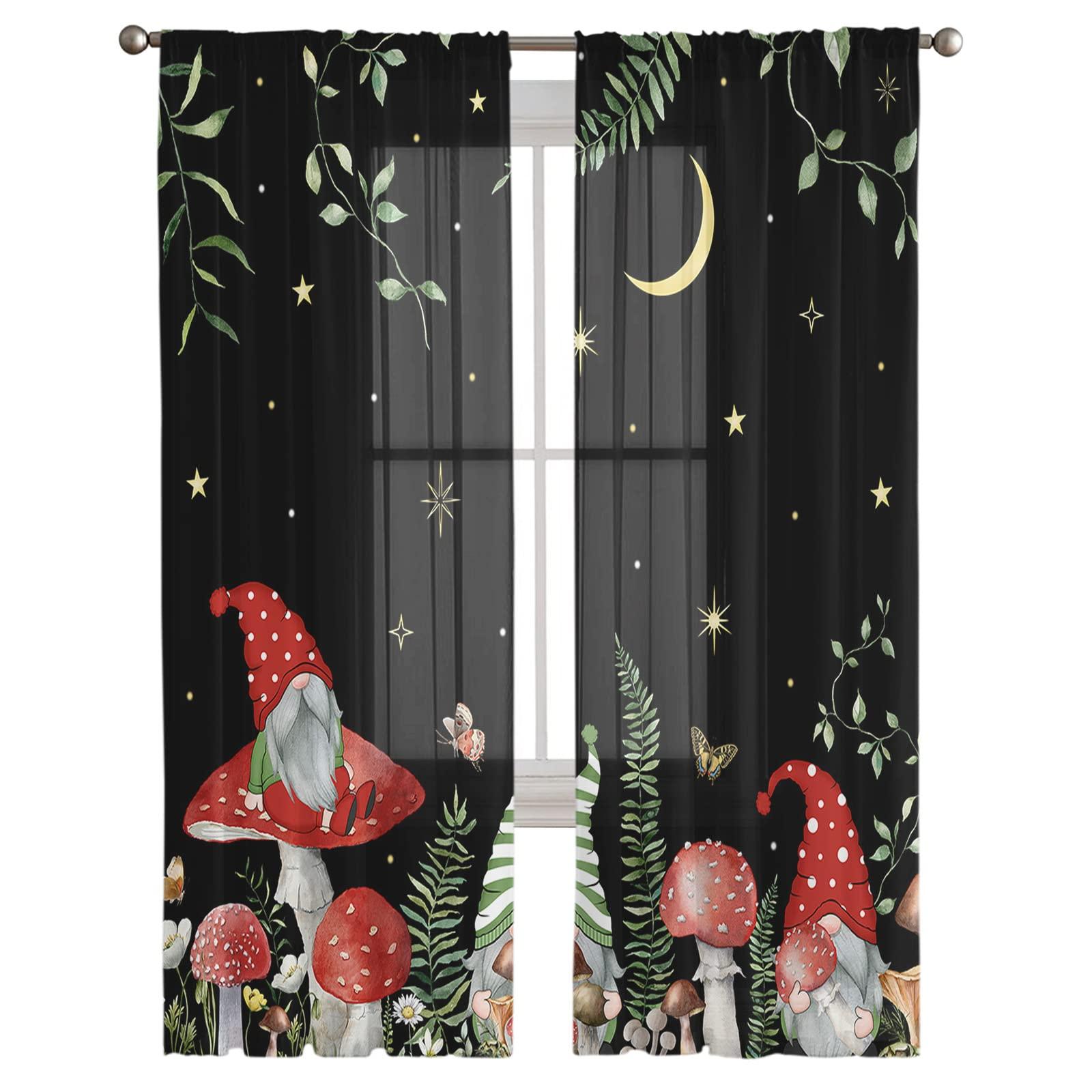 Gehucoxee Gehucoxee Semi Sheer Curtains 84 Inches Long, Mushroom Gnomes Curtains Sheer for Living Room, Window Floral Stars Moon Black Backdrop Voile Drapes Chiffon Curtain for Bedroom 2 Panel Rod Pocket
