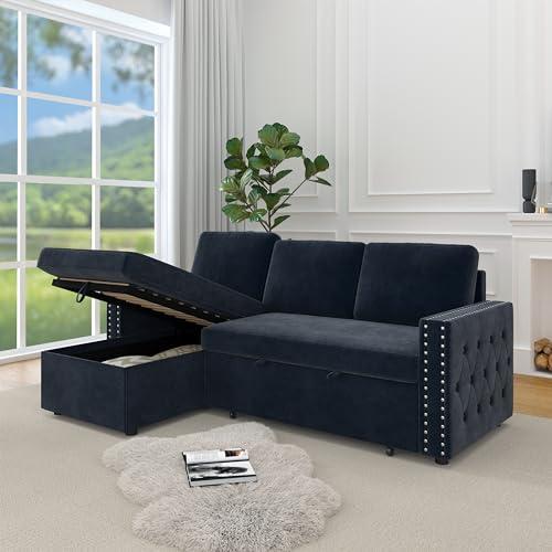 PONLEE L Shaped Convertible Sectional Couch with Pull Out Bed and Storage , 3 Seater Corner Sleeper Sofa with Reversible Chaise and Copper Nailhead for Living Room, Apartment, Bedroom, Office Chenille Fabric
