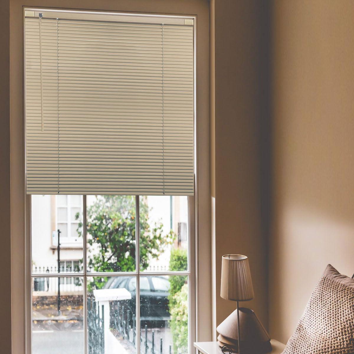 getopblinds Cordless Venetian Horizontal Blinds No Drill No Tools Blinds for Window Treatment Custom 1" Slat Aluminum Shutter Blinds Window Shade for Privacy Light Control, Easy to Install, 16" W x 64" L, Beige