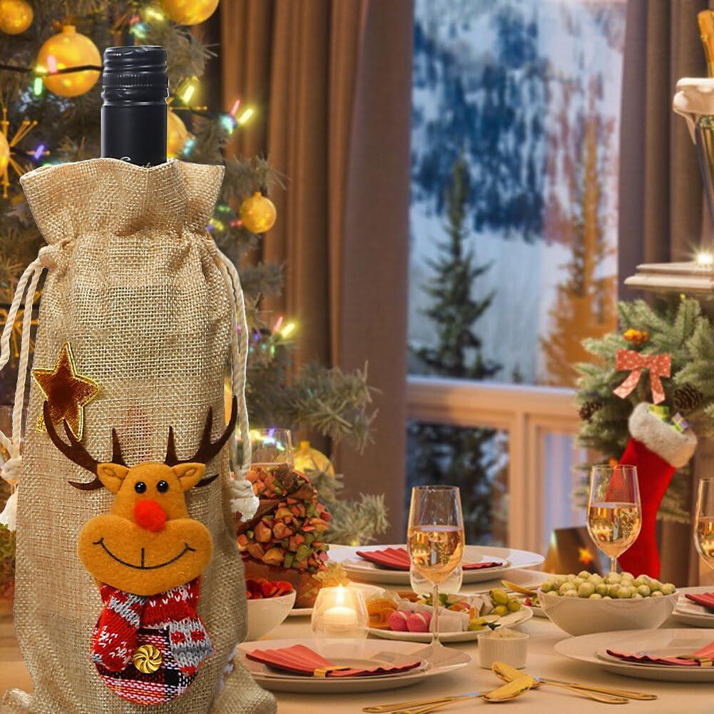 EUBUY EUBUY Christmas Wine Bottle Bags, 6 Pack Burlap Wine Bags Christmas Wine Gift Bags with Drawstring, Reusable Christmas Wine Bags for Wine Bottles for Xmas Christmas Holiday Dinner Party