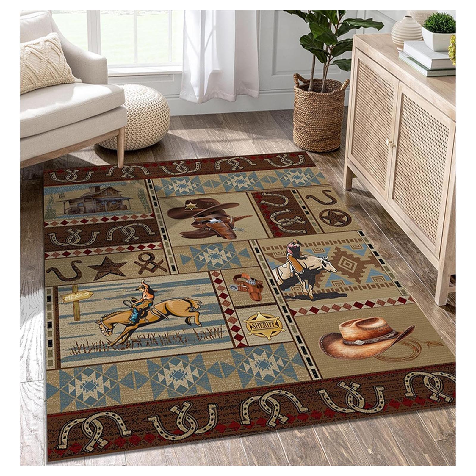 DECORAISES Combo Southwest Area Rug and Non-Slip Rug Tape for Timeless Home Decor in Kitchen, Living Room, Bedroom 4X6 ft, Western Cowboy Riding with Texas Star Panel Art - Southwestern Rug - Aztec rug CC01