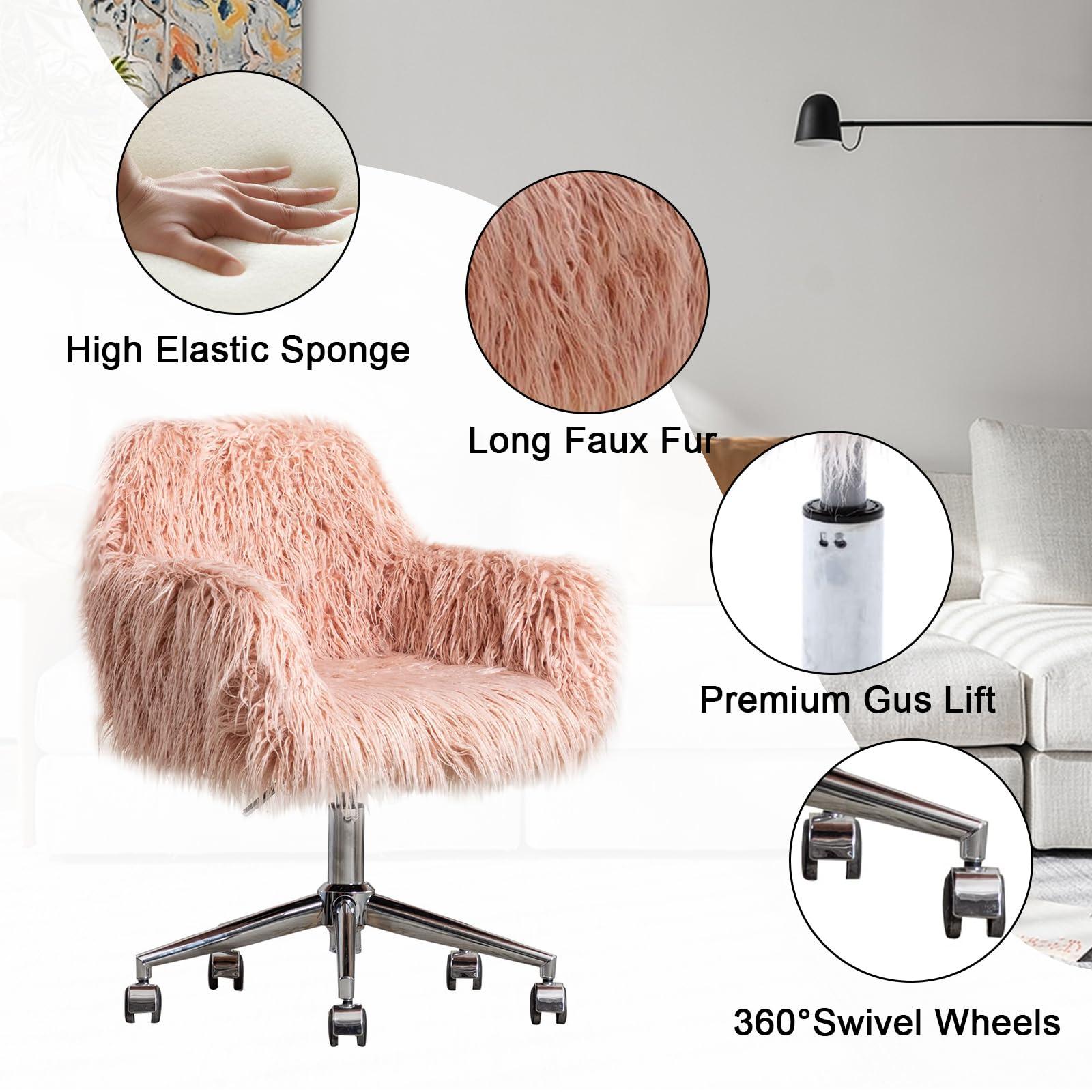 HomVent HomVent Faux Fur Vanity Chairs with Wheels Pink Furry Makup Desk Chair for Kids,Women,Grils,Cute Home Office Computer Chair,Swivel Task Arm Chairs for Bedrooms,Living Room,Study,Dressing