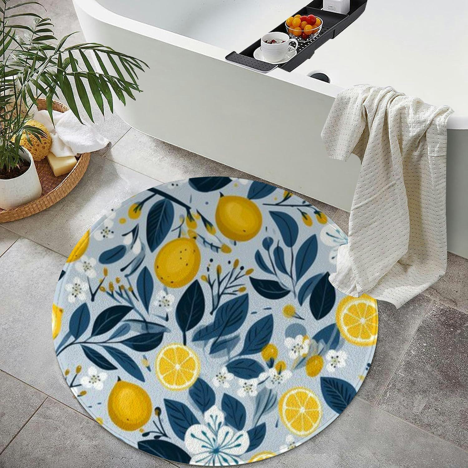 TIAYOUORTY Small Round Rug 3ft Circular Circle Rugs Round Bathroom Entryway Bedroom Kitchen Washable Area Rug Carpet 3 Feet Lemon Drawing White Blue and Yellow Rug