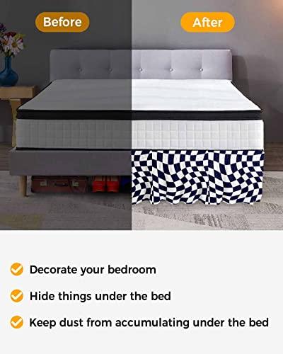 Sabolny Modern Black Bed Skirt King Size 18 Inch Drop, Adjustable & Elastic Wrap Around Bed Skirts Pleated Luxury Dust Ruffles for Twin Full Queen Cal King Base Bed, Geometric White Checkered Lattice