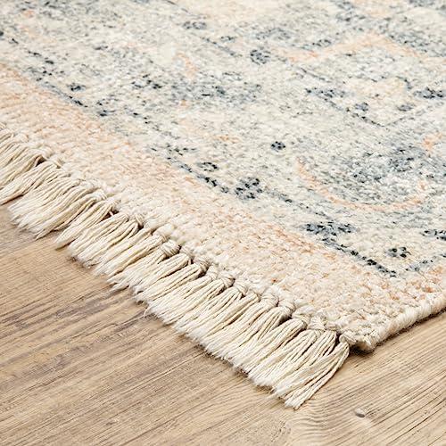 HomeRoots 10' X 13' Beige and Grey Oriental Hand Loomed Stain Resistant Area Rug with Fringe