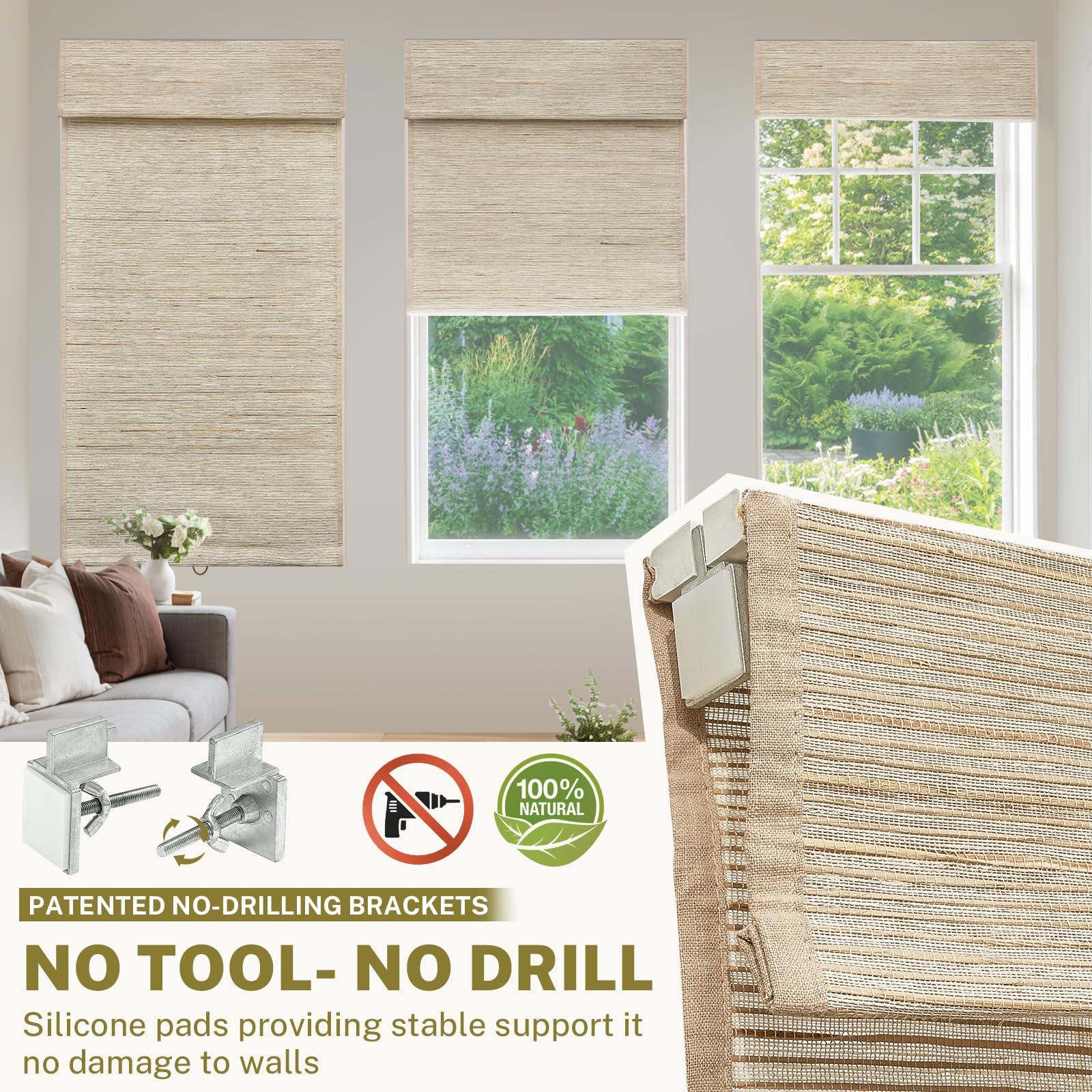 moonice Moonice No Tools No Drill Cordless Roman Shades for Window Blackout, Natural Woven Fabric Privacy Room Darkening Blinds, Thermal Insulated Easy Install Roman Blind Window Blinds Treatment, Awlmond
