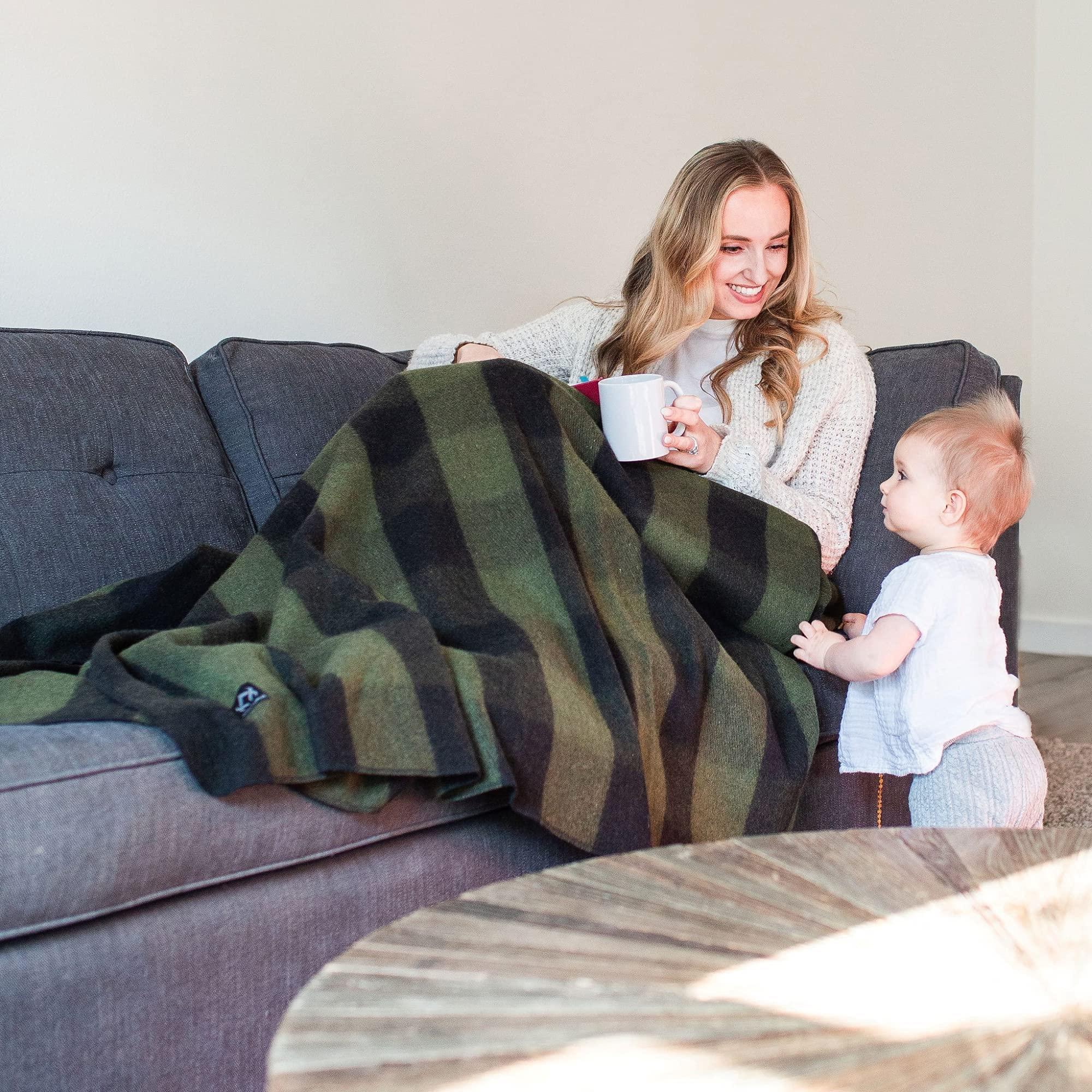 Arcturus Arcturus Plaid Wool Blankets in Green Buffalo - 4.5lbs Warm, Heavy, Washable, Large Bundle Large Insulated Woobie Camping Blanket in Black 7.5 x 7.5 FT