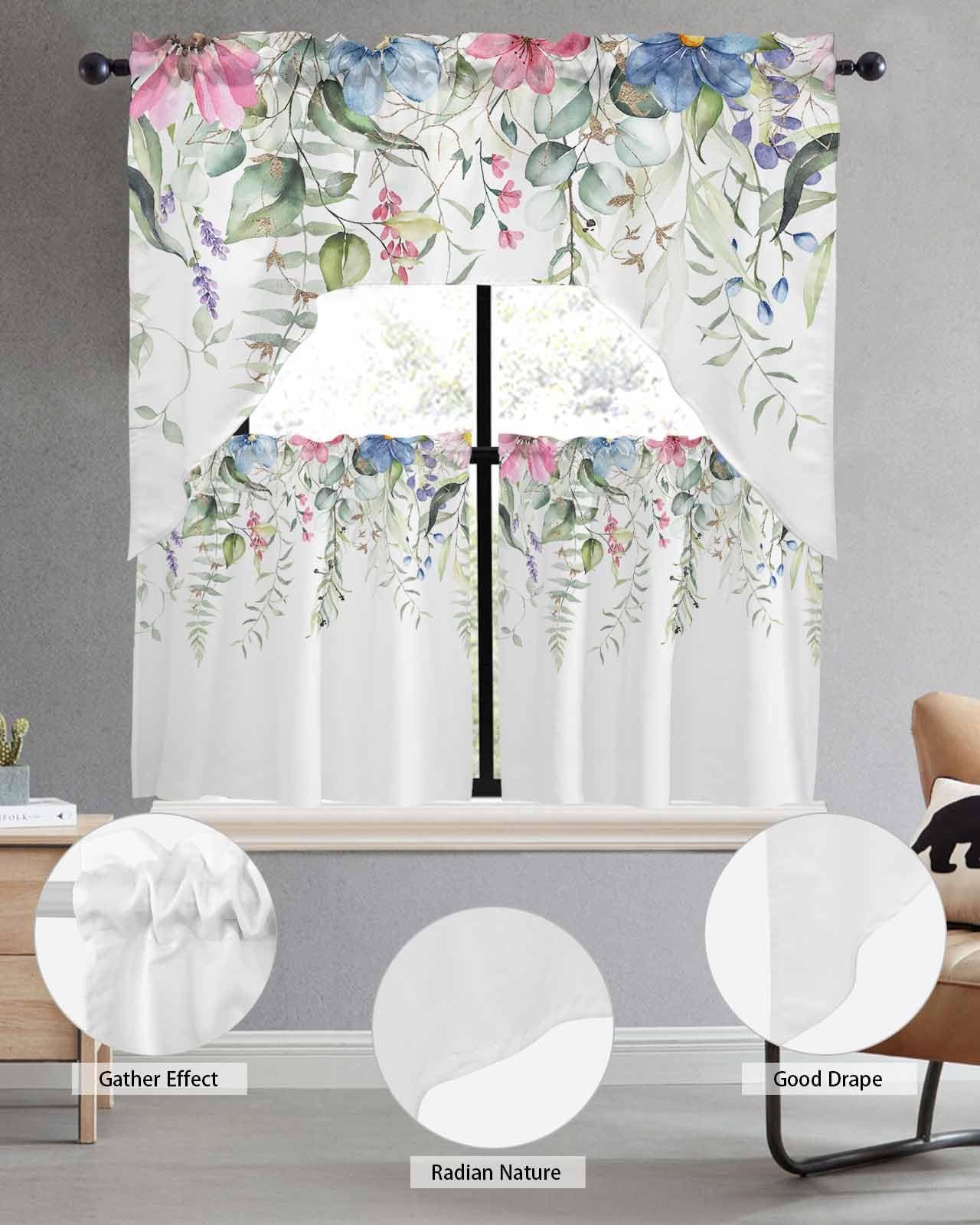 AMZRicher Eucalyptus Kitchen Curtains Swag Valance and Tier Curtains Set 36 Inch Length, Rod Pocket Drape Panels Pair Swag Curtains for Bathroom/Cafe/Window Spring Botanical Leaves Floral Simple White