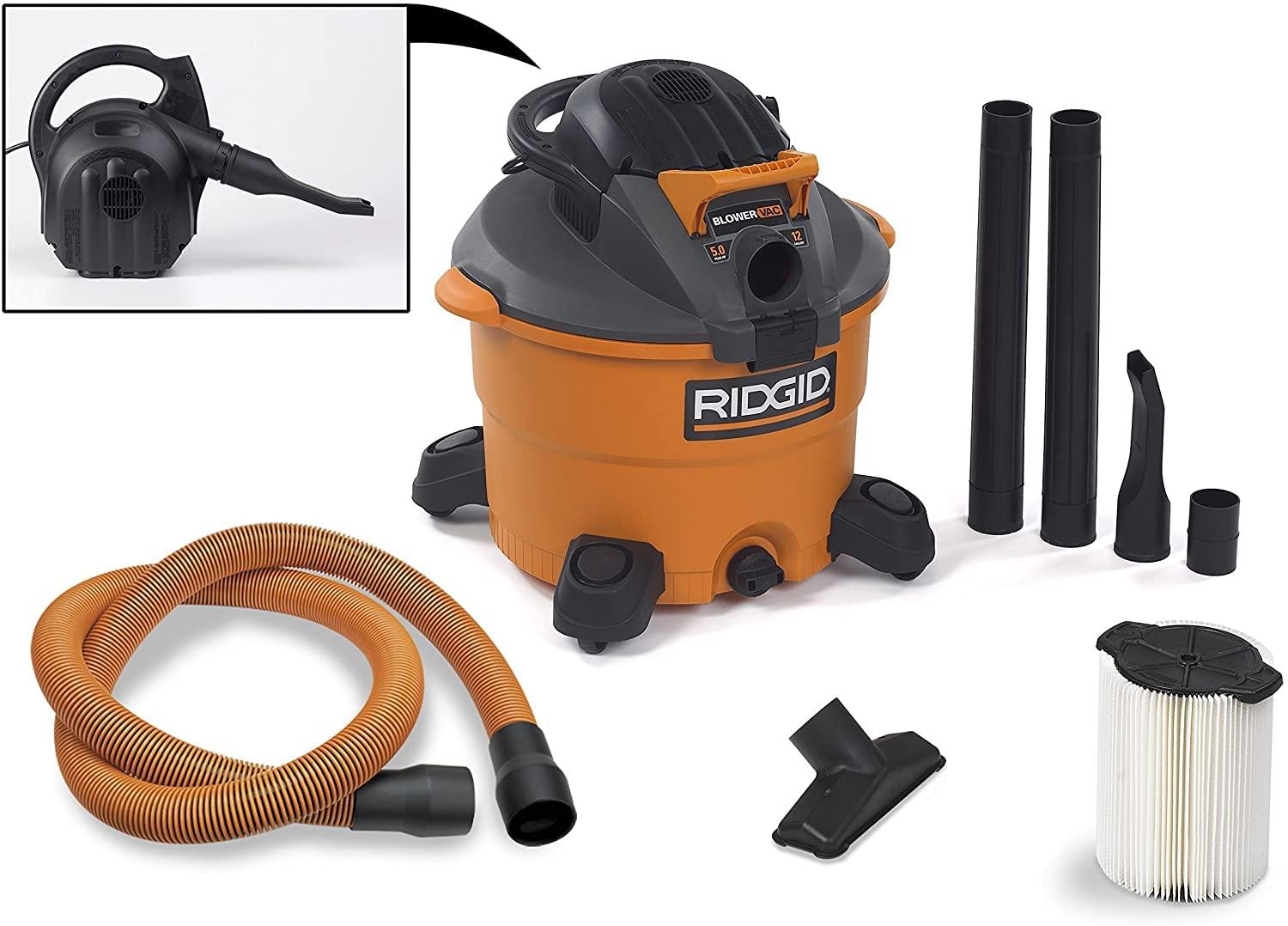 RIDGID RIDGID Wet Dry Vacuums VAC1200 Heavy Duty Wet Dry Vacuum Cleaner and Blower Vac, 12-Gallon, 5.0 Peak Horsepower Detachable Leaf Blower Vacuum Cleaner with Pro-Grade Hose