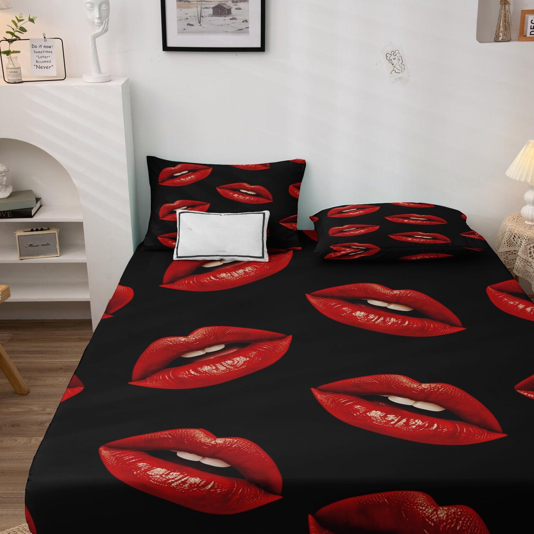 Generic Red Lips California King Size Kiss Sexy Bed Sheets - Patterned Bedding Set, Soft Microfiber Deep Pocket Fitted & Flat Sheets & 2 Pillow Cases