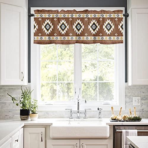 LEOKOTI Kitchen Curtains Tiers and Valances Set, Southwest Rod Pocket Kitchen Curtains Set - Tier Curtains 36 Inch, Western Brown Yellow Geometric Abstract Art Wooden Valances for Window Living Room/Bedroom