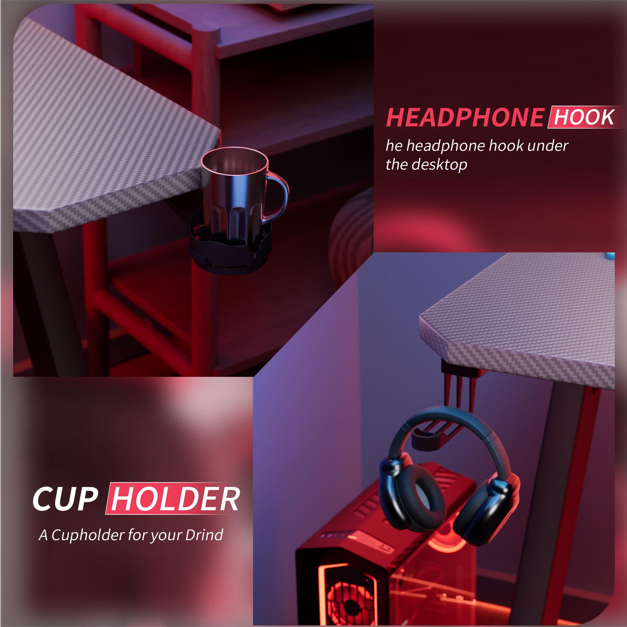 Furmax Furmax Gaming Desk Computer Desk Z-Shaped Gaming Table with Carbon Fibre Surface Home Office Desk PC Workstation Desk with Cup Holder, Headphone Hook Modern Style Desk (Gray, 44 inch)