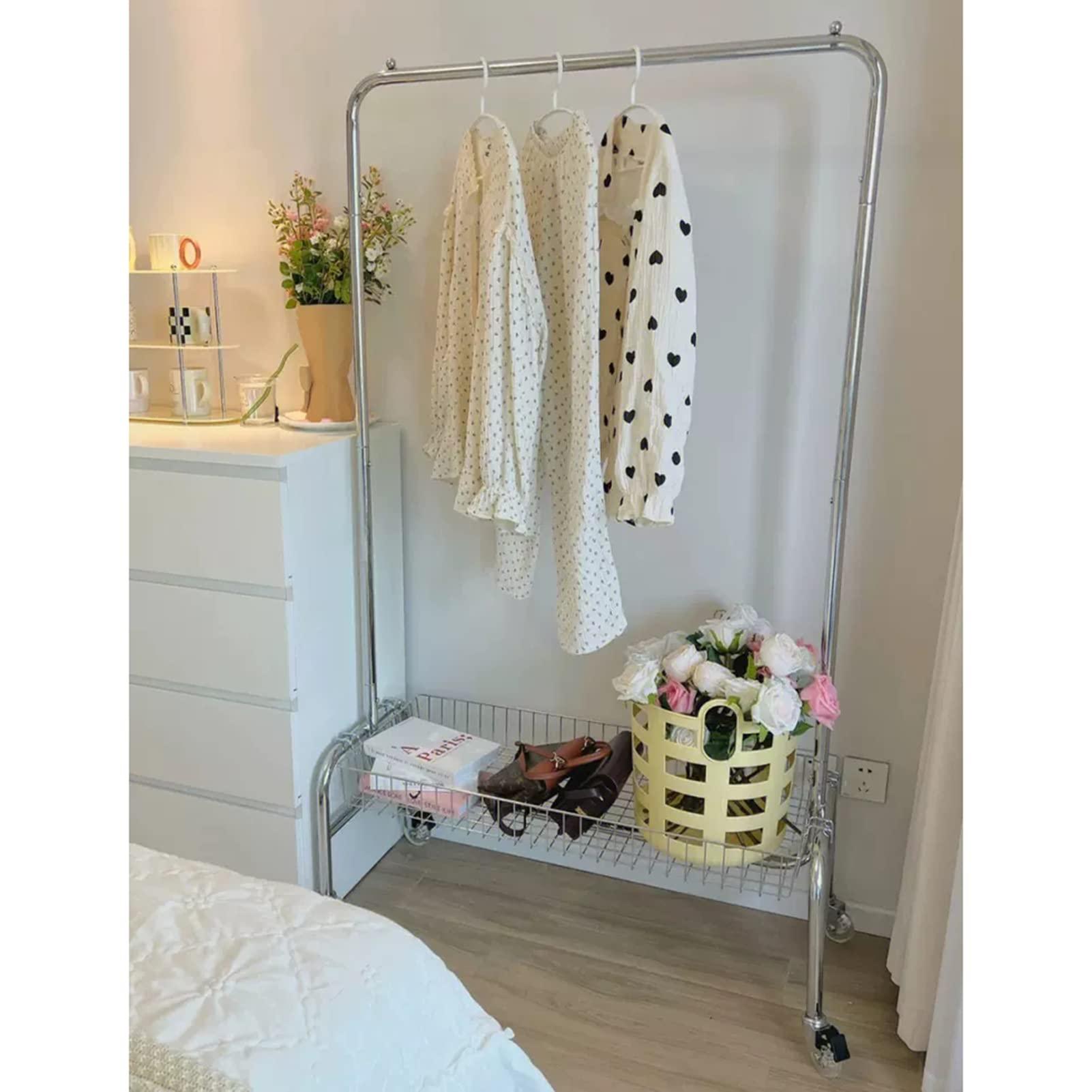 ARALEL Garment Rack Portable Rolling Clothing Racks For Hanging Clothes On Wheels, Space Saving Clothes Organizers With Storage Basket, Multi-Purpose Metal Display Rack, Bedroom Coat Ra(Size:118X40X168CM )