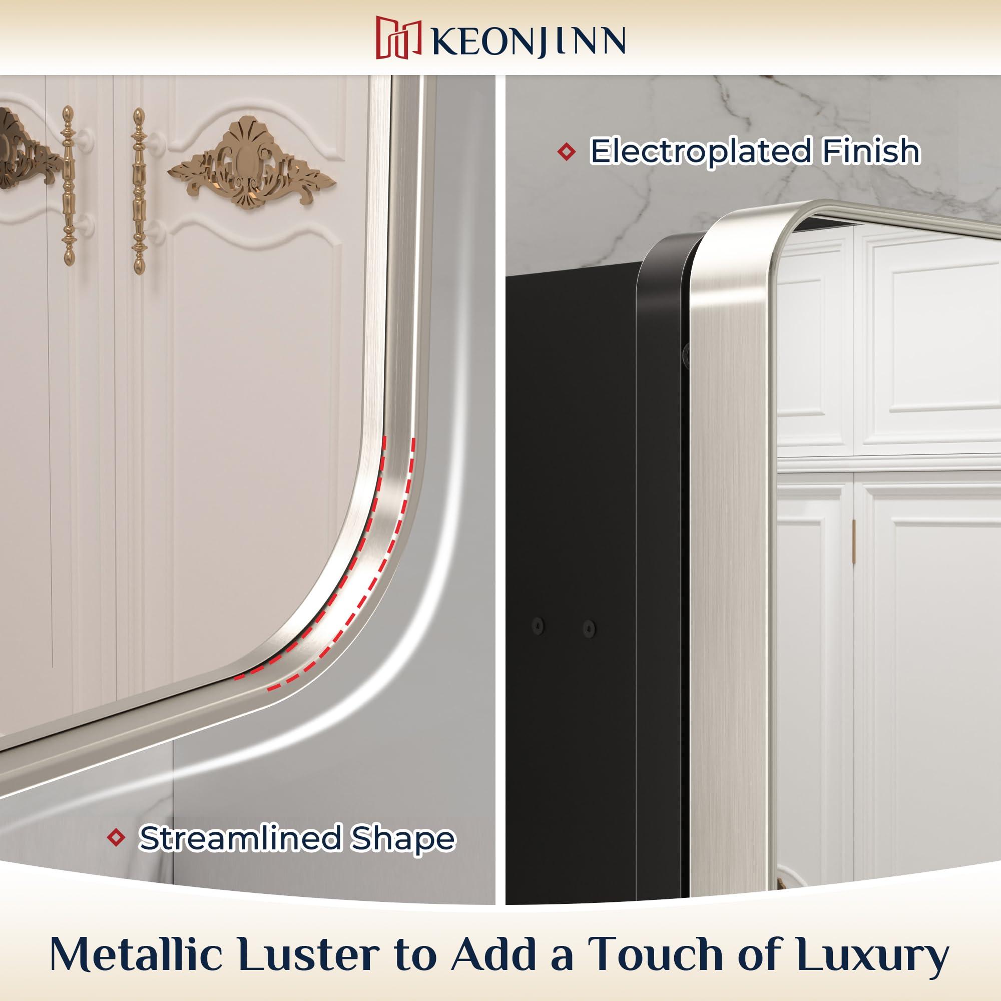 Keonjinn Keonjinn 16 x 24 Inch Brushed Nickel Medicine Cabinets for Bathroom with Mirror Stainless Steel Framed Rounded Rectangle Adjustable Shelves Modern Recessed Silver Medicine Cabinet for Bathroom Storage