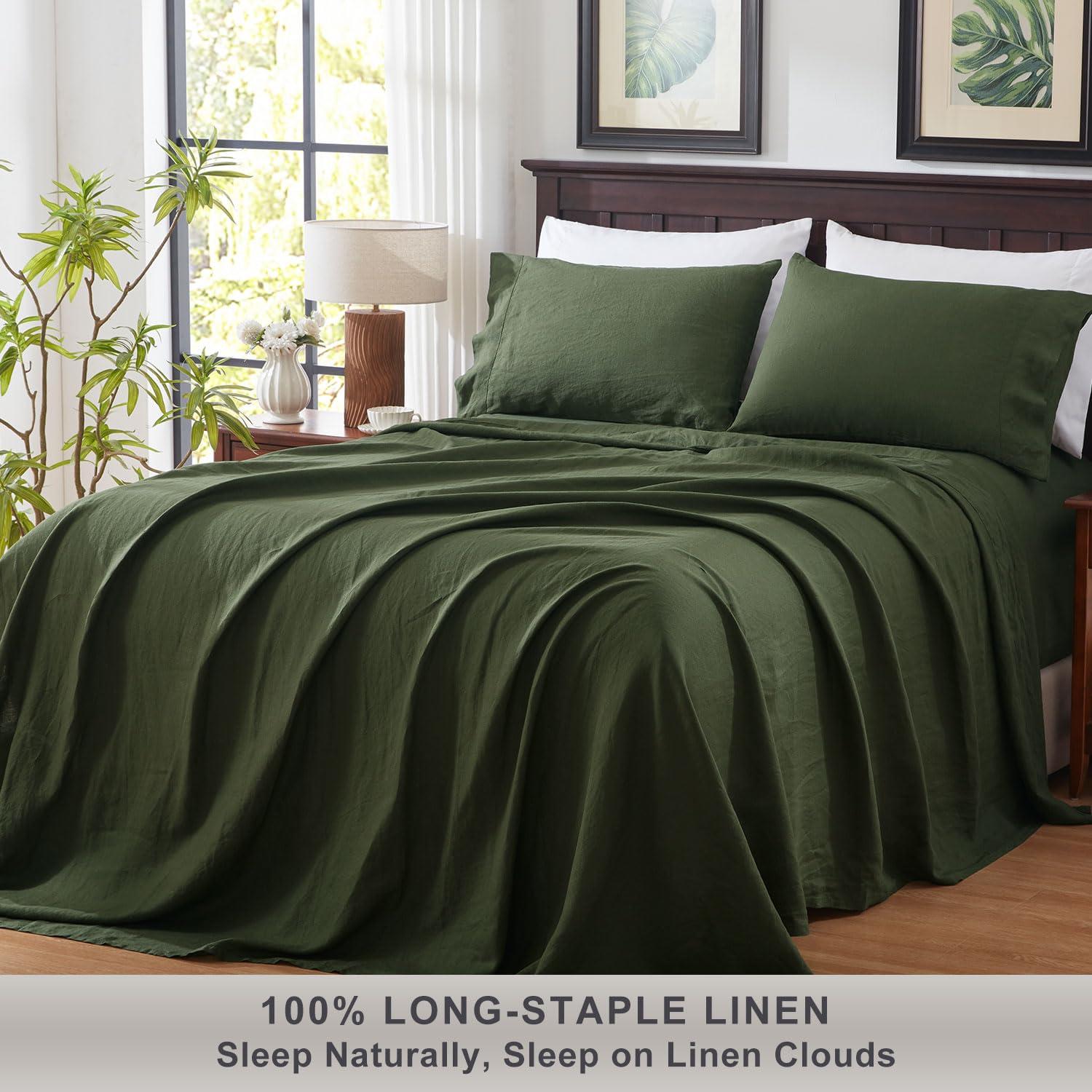 TOSMO TOSMO Pure Linen Sheets Set, 100% French Natural Linen Flax Bedding 4pc Set (Queen, 1 Flat Sheet, 1 Fitted Sheet, 2 Pillowcases) - Forest Green