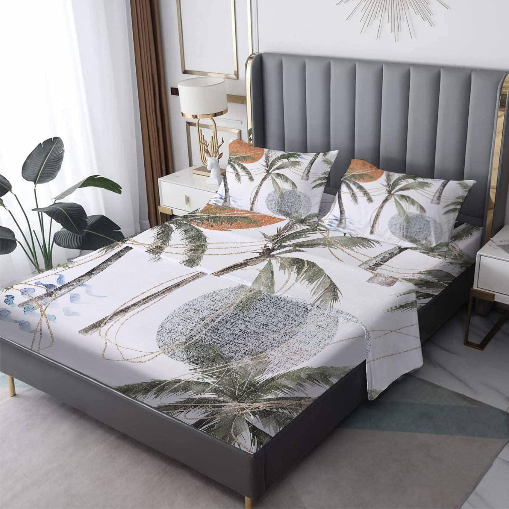 THYUNQ THYUNQ Tropical Sheets California King Size Bed, Abstract Palm Tree Pattern Bedding Sheets & Pillowcases - 14 Inch Deep Pocket, Super Soft Microfiber Printed Sheet Set 4 Piece