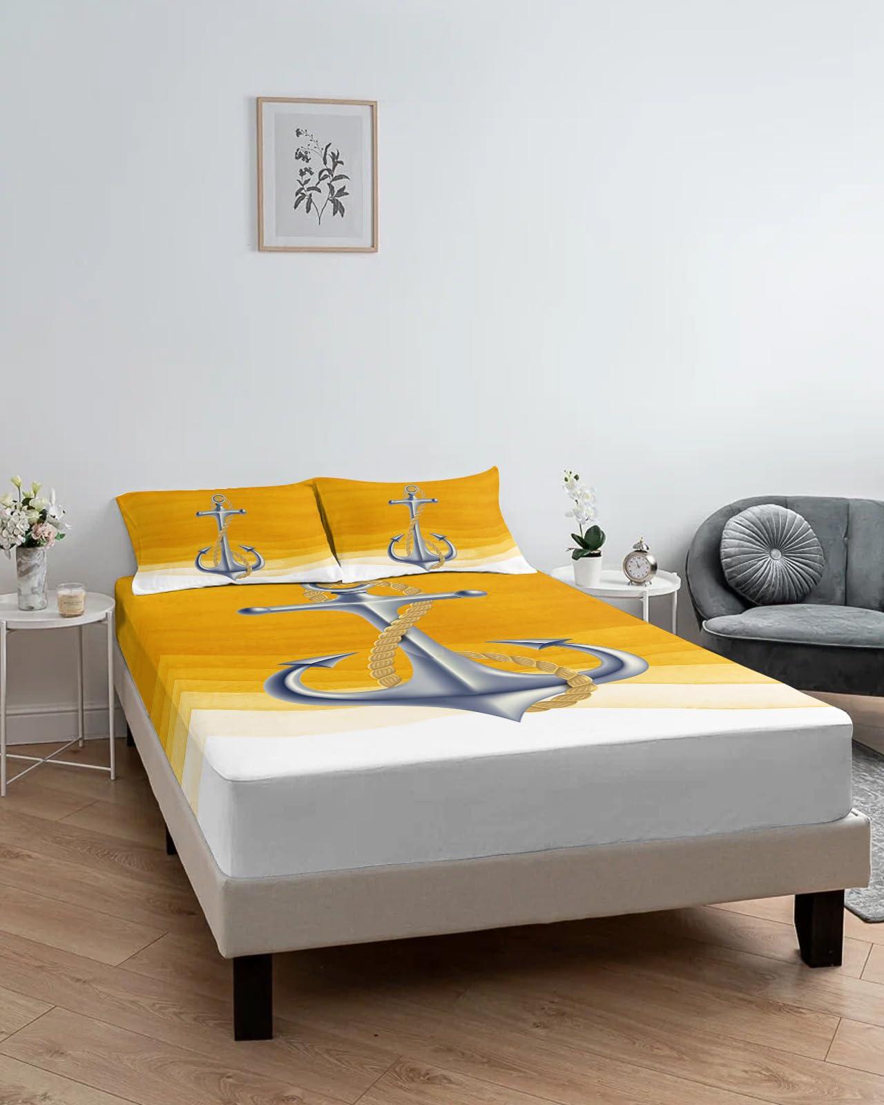 ZFUNCING Marine Nautical Silver Ship Anchor Fitted Bed Sheets Twin XL Size Fit 5-16inch Deep Pockets,Luxury Bottom Sheet Bedding Set with Pillow Case,Yellow Gradient Art Wave Stripe Fitted Sheet for Mattress