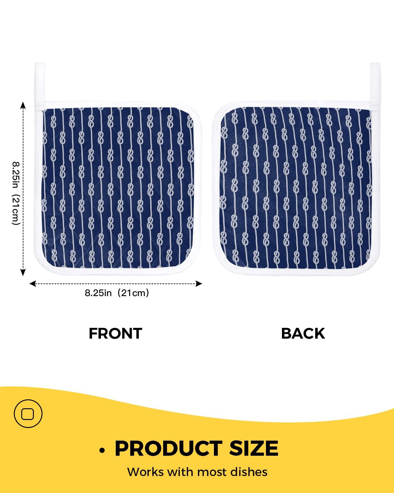 Boanket Coastal Whiet Knot Pot Holders for Kitchen, Navy Blue Summer Beach Seaside Nautical Pot Holder with Loop Trivet Heat Insulation Oven Mitts Hot Pads, Washable Potholders for Cooking Backing 2 Pack