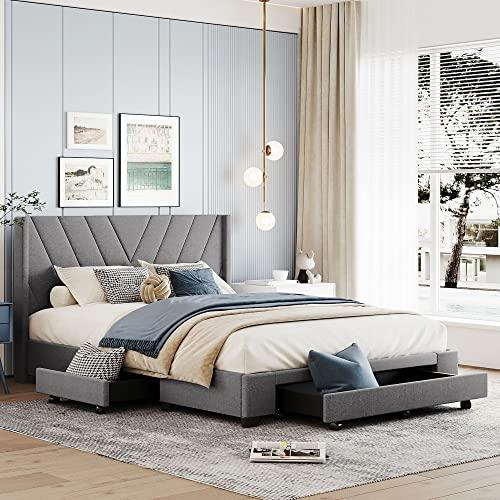 HOHOBD Linen Upholstered Platform Bed with 3 Drawers, Wooden Storage Bed Frame with Headboard for Bedroom (Grey, Queen (U.S. Standard))