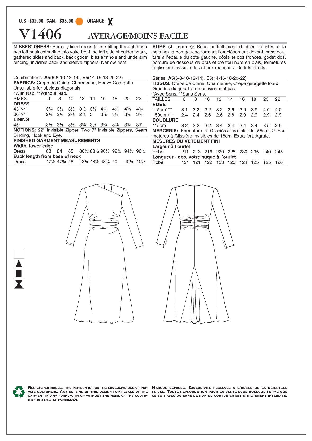Vogue Patterns Vogue Patterns V1406 Misses\' Dress Sewing Template, Size E5 (14-16-18-20-22)