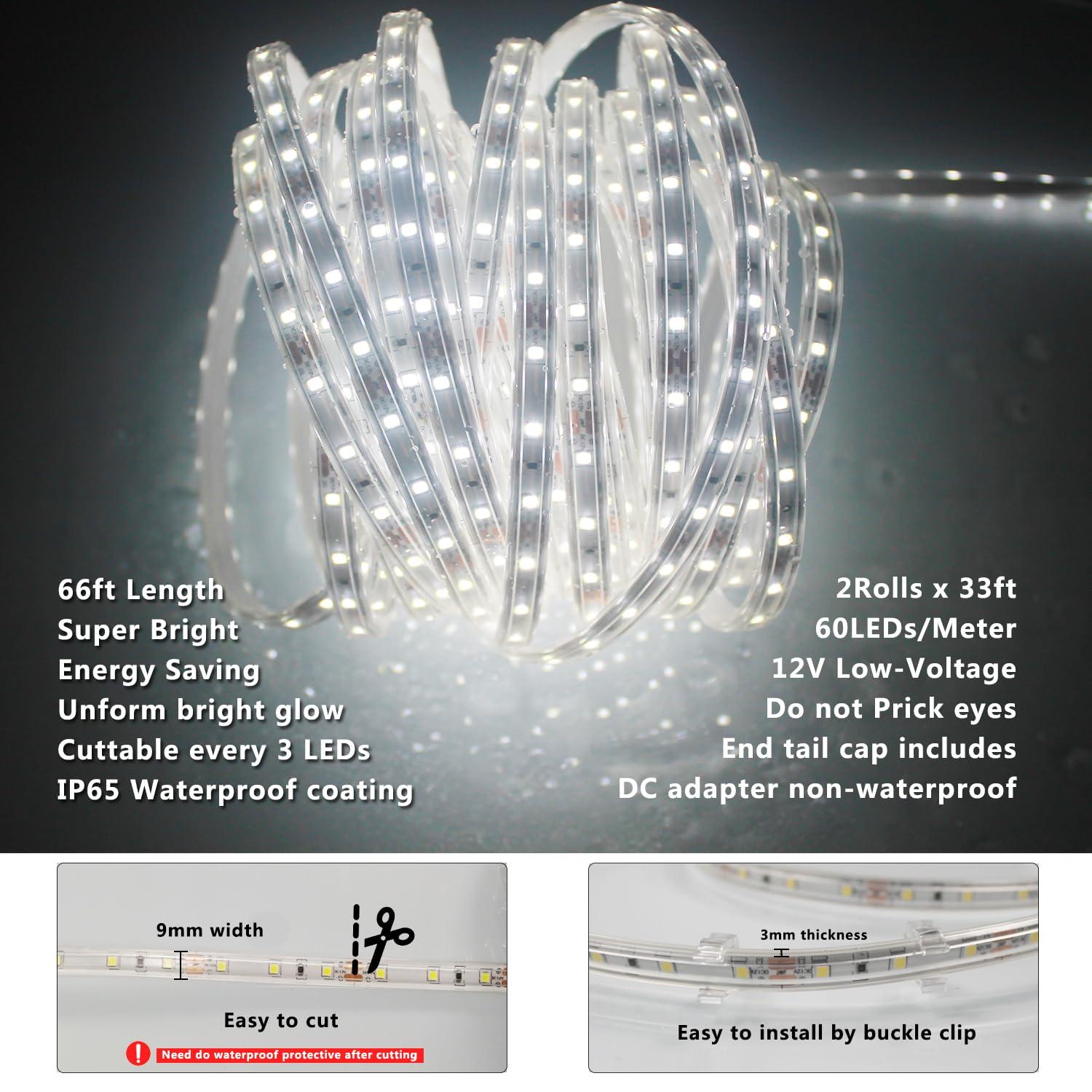 RYGDENG RYGDENG 2-Pack 33ft Outdoor LED Rope Lights Waterproof, Flat & Flexible White Strip Lights, Dimmable Rope Lighting, 12v Rope Light for Outside, Indoor Bedroom, Kitchen, Pool, Backyards