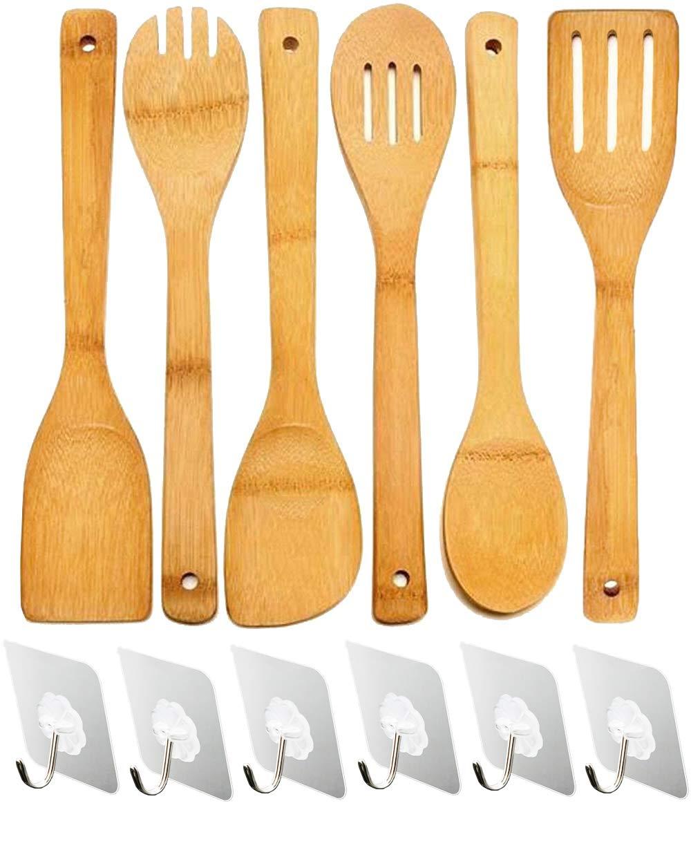 wertyu Wooden Spoons for Cooking, 6-Piece 12 Inch Bamboo Utensil Set Wood Spatula Spoon Nonstick Kitchen Utensil Set Premium Quality Housewarming Gifts Wooden Utensils for Everyday Use