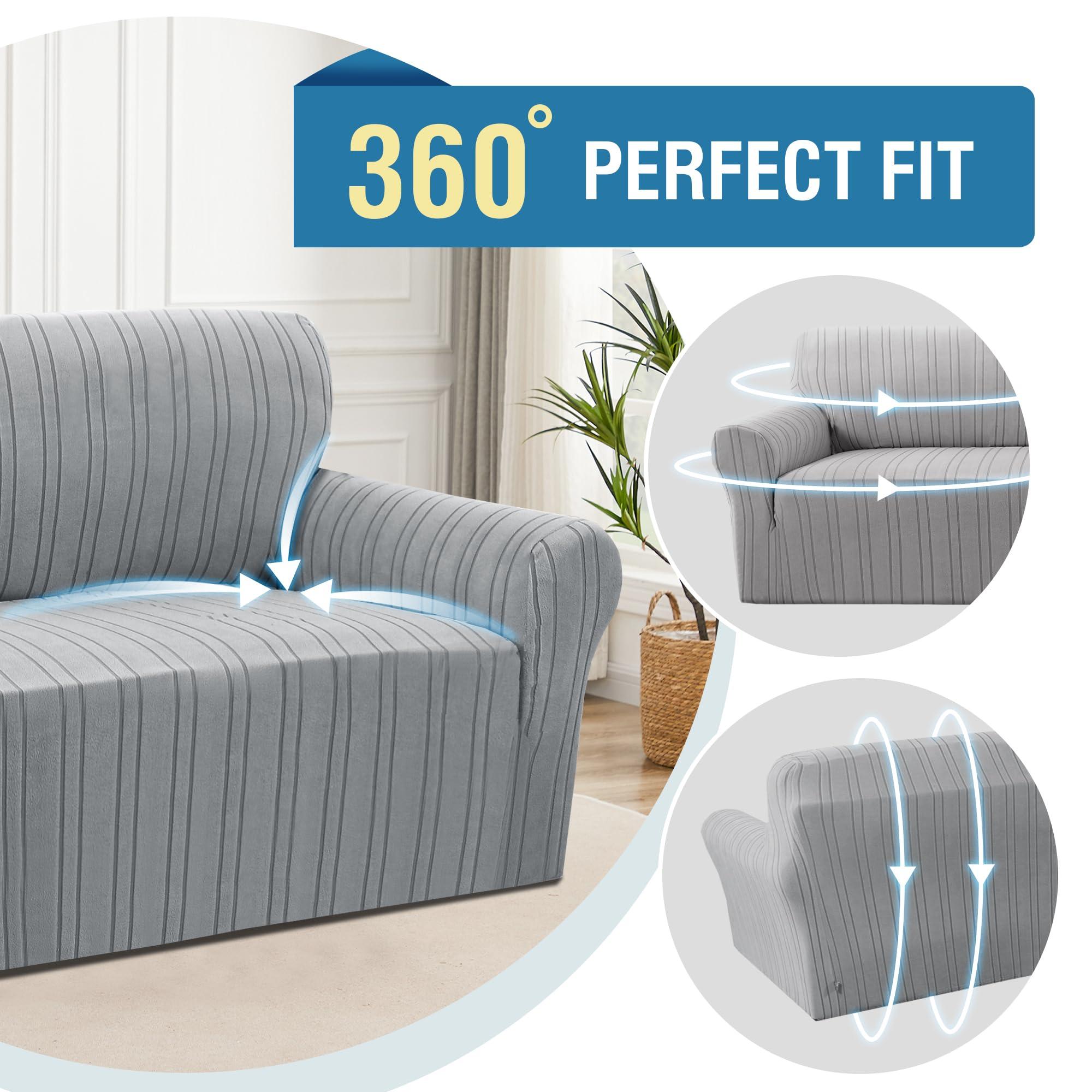 H.VERSAILTEX H.VERSAILTEX High Stretch Sofa Slipcover 1-Piece Couch Cover Non Slip Sofa Cover with Elastic Bottom Thick Soft Sofa Covers Washable Polyester Spandex Jacquard Fabric Stripe Design(Sofa, Dove)