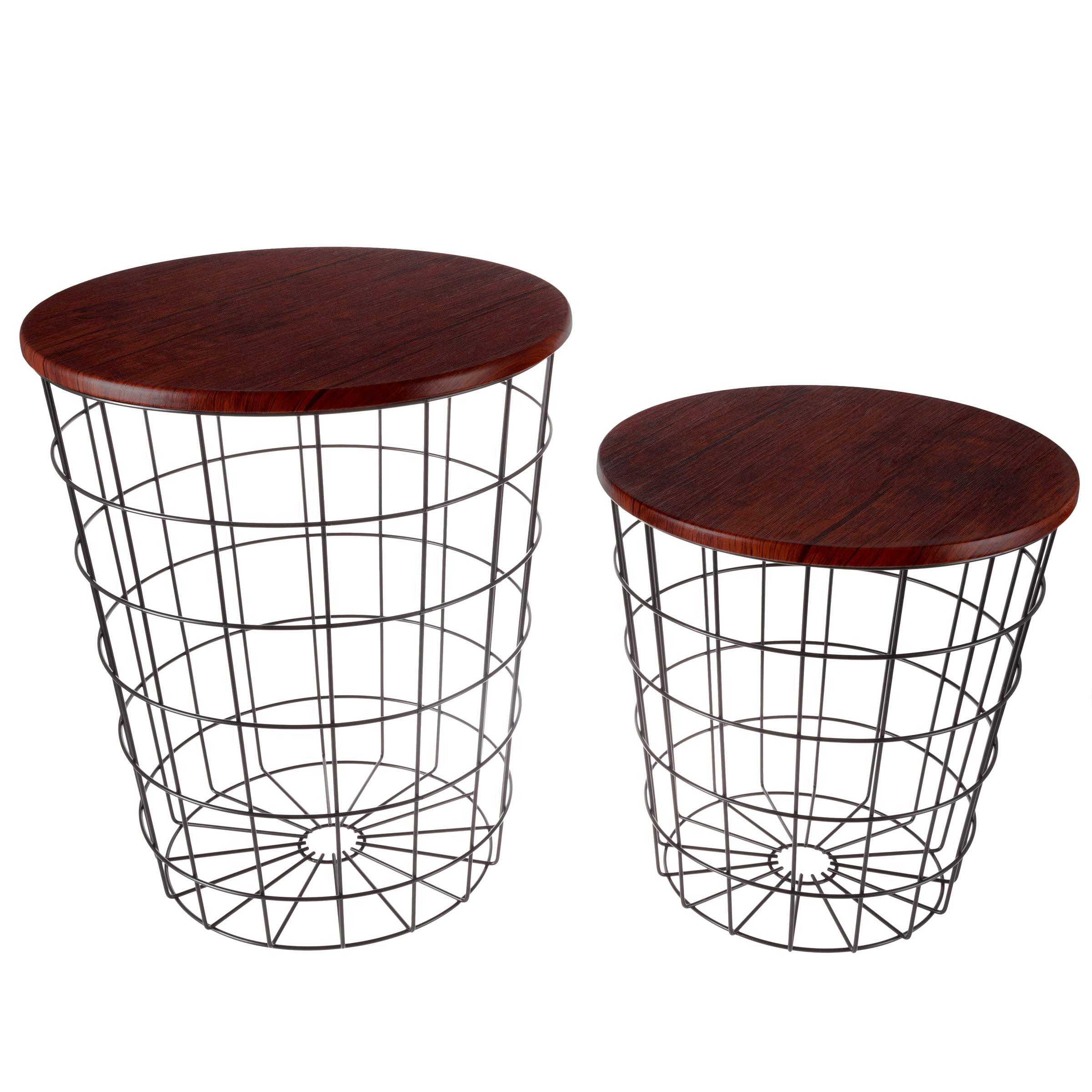 Lavish Home End Tables Set of 2 - Nesting Tables with Removable Wood Tops and Metal Basket Bases for Blanket Storage - Round Side Furniture for Living Room, Bedroom, or Home Office by Lavish Home (Cherry/Black)