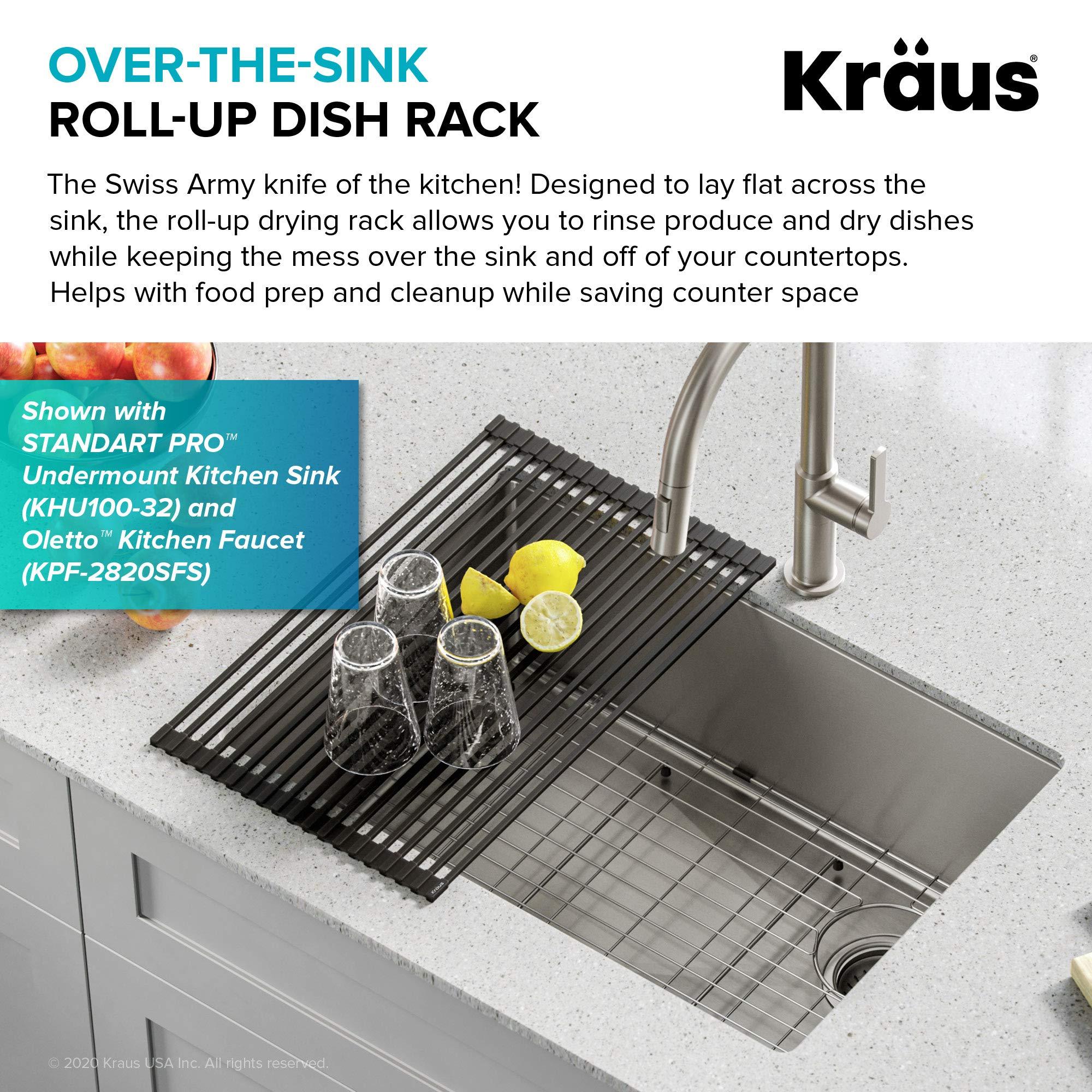 Kraus Kraus Multipurpose Over-Sink Roll-Up Dish Drying Rack, Colander and Trivet in Light Grey, KRM-10GREY