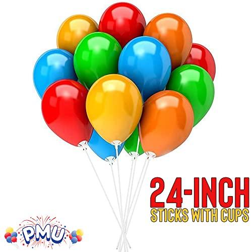 PMU PMU Balloon Maxi Sticks 24 Inch White with Clear Maxi Cups Premium Latex/Mylar Balloon Holder for Air-Filled Balloons 50/50, Pkg/50 Sets