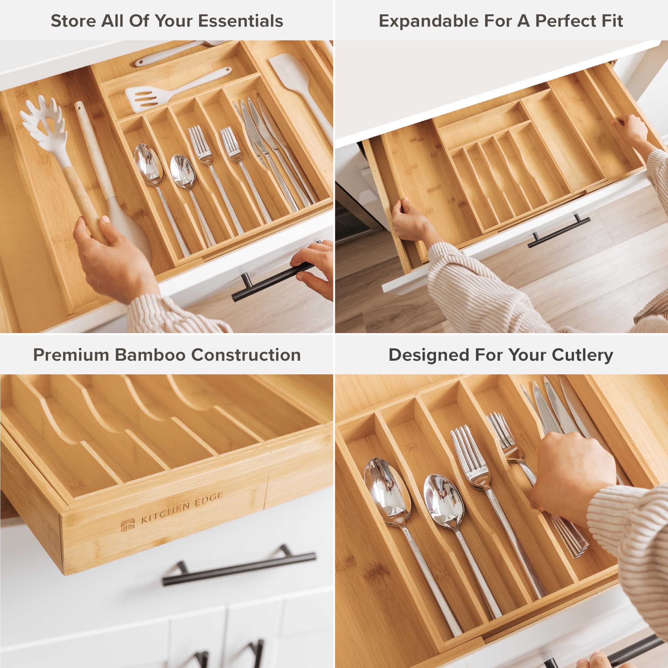 KitchenEdge KitchenEdge Premium Silverware, Flatware and Utensil Organizer for Kitchen Drawers, Food-Safe Contract Grade, Expandable from 16 to 28 In, Natural Bamboo