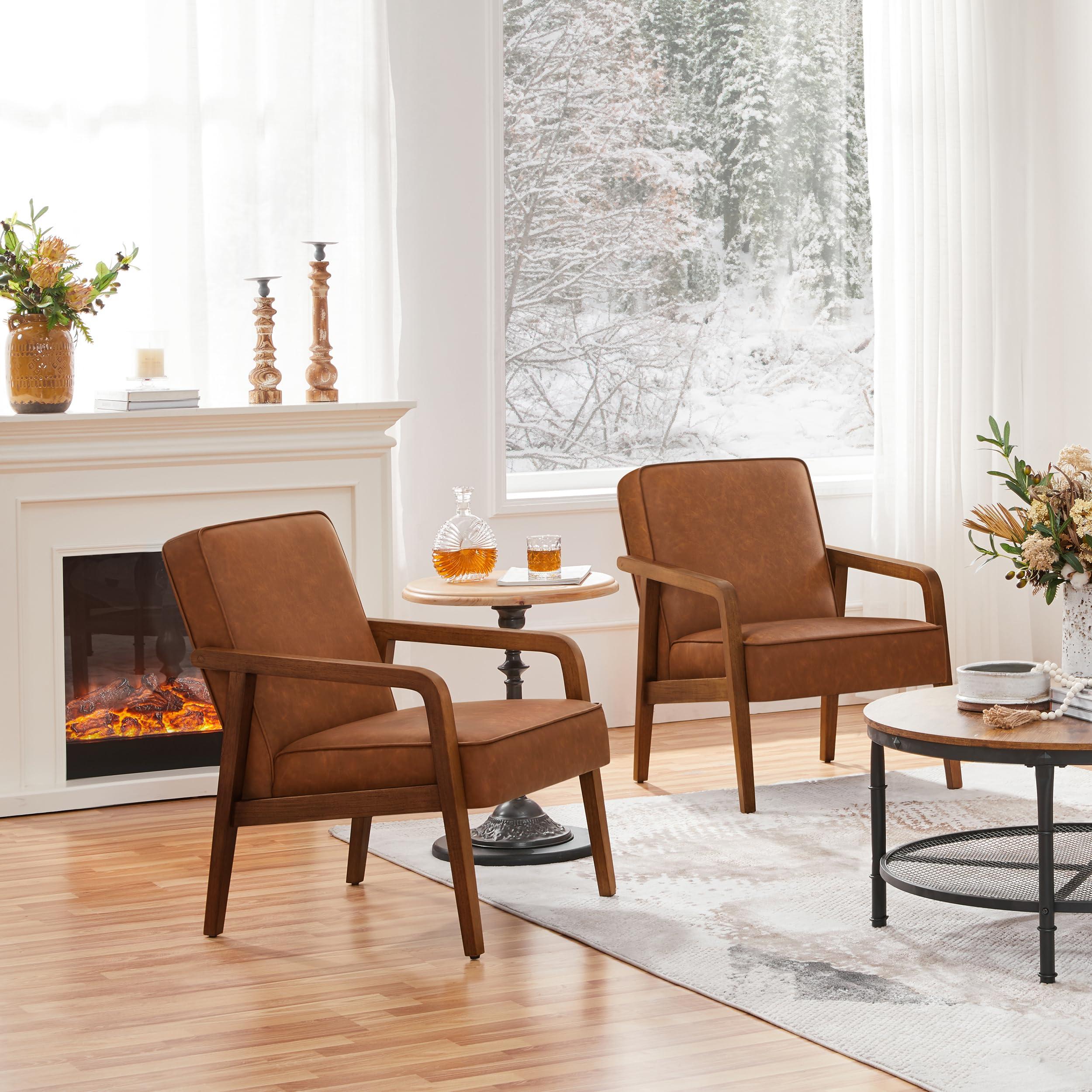 Yaheetech Yaheetech Accent Chair, PU Leather Reading Chair, Mid Century Modern Arm Chair with Solid Wood Frame for Living Room Bedroom Waiting Room, Light Brown