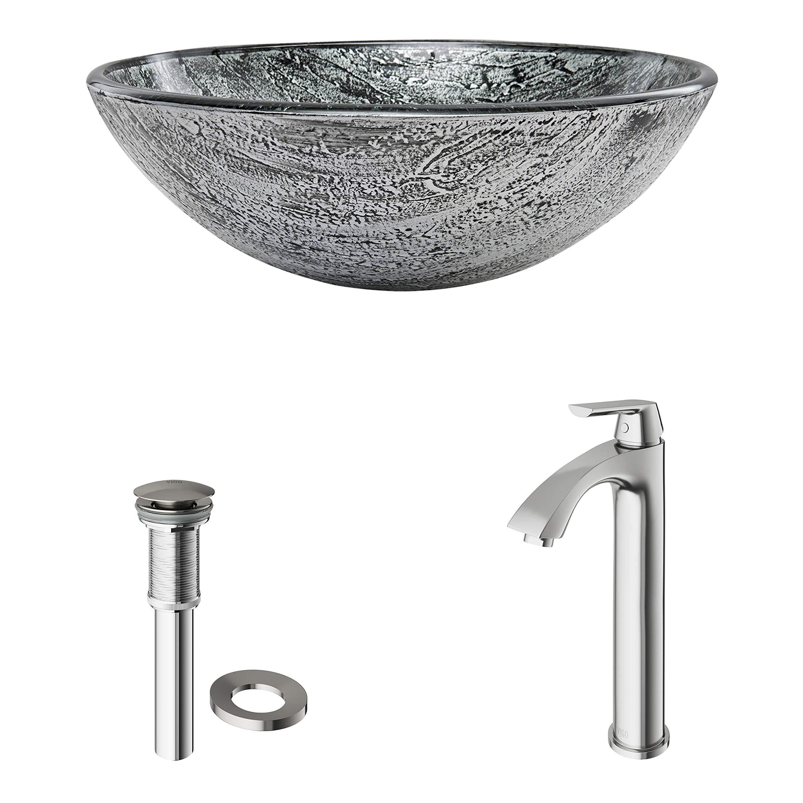 VIGO VIGO 17\" L -17\" W -12\" H Titanium Glass Round Vessel Sink Set in Slate Gray with Faucet and Drain -VGT559
