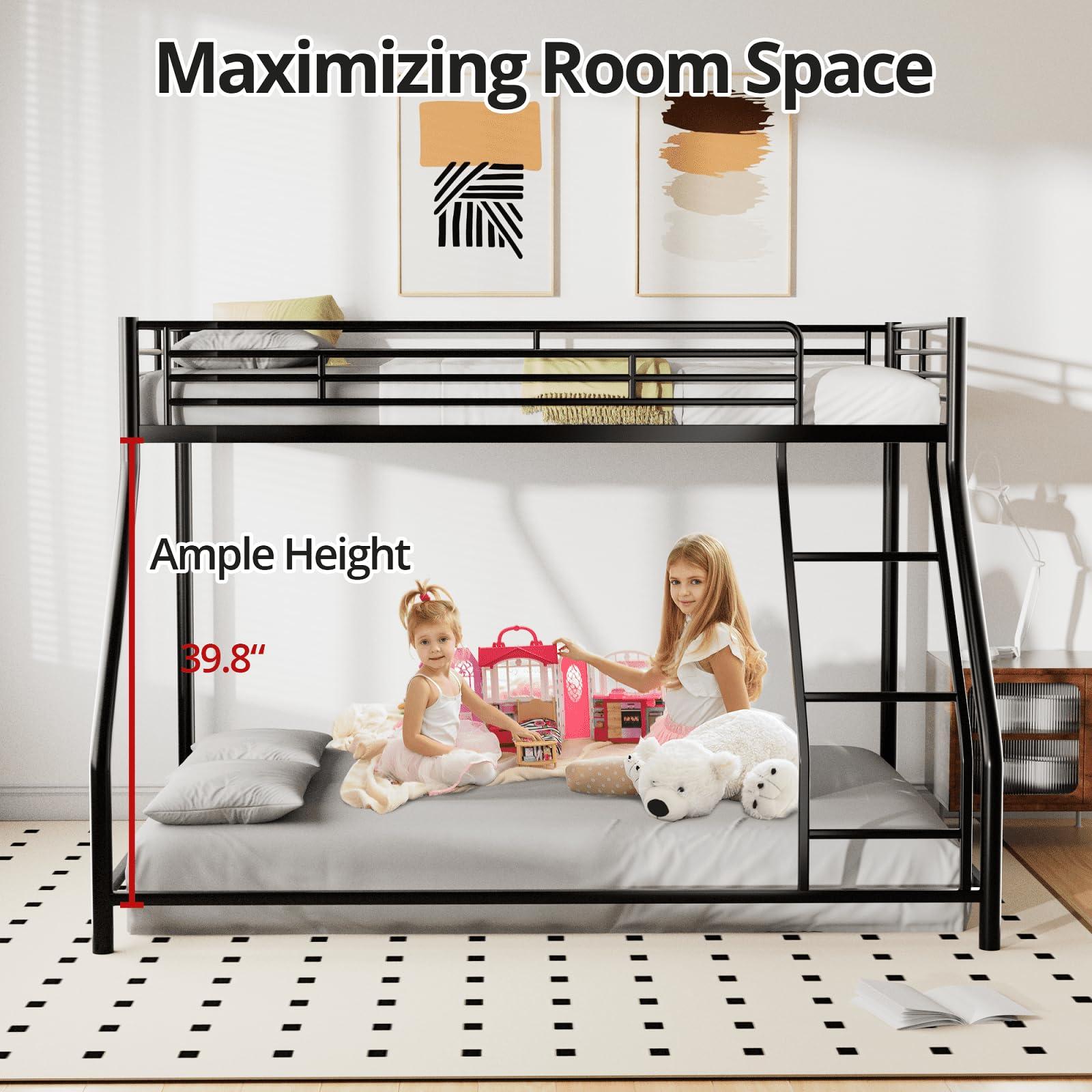 TURRIDU TURRIDU Full XL Over Queen Bunk Bed, Heavy Duty Metal Bunk Bed Frame with Full-Length Guardrails & Ladders, Bedroom Bunk Bed for Teens, Adults, Noise Free, Black