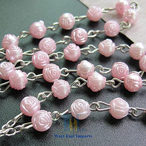 WE WE 24 Pcs Pink Mini Rosary baptism First Communion Favors with Angels for Girl Recuerdos de Bautizo Finger Rosaries Silver Plated