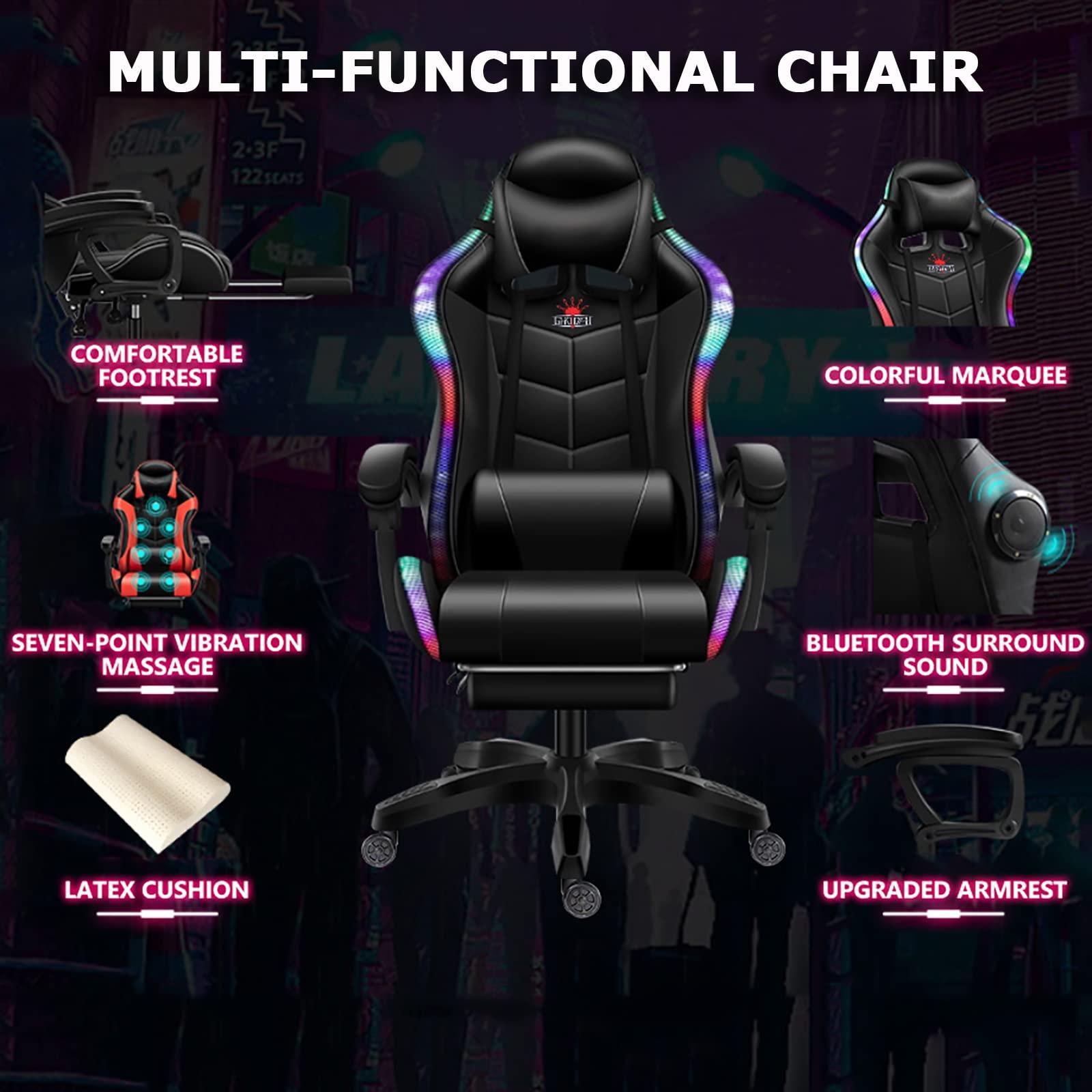 FZYUAN FZYUAN Video Gaming Chairs with LED Light, Bluetooth Speakers Computer Chair with Full Massage Lumbar Support, Ergonomic Pro Gaming Chair for Retractible Footrest and Backrest Adjustable,White