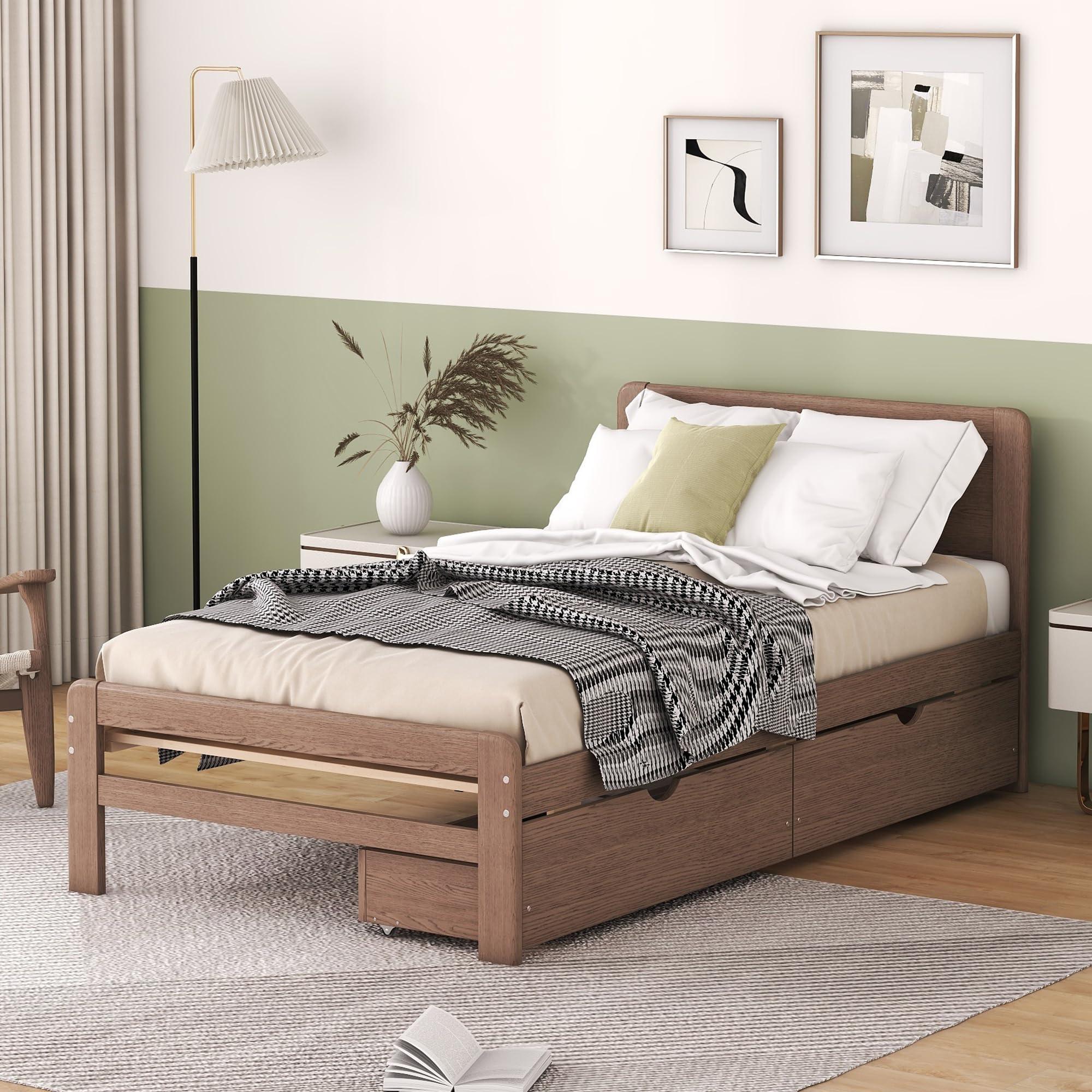 HomeLoft Basics Modern Design Twin Size Platform Bed Frame with 2 Drawers for Walnut Color