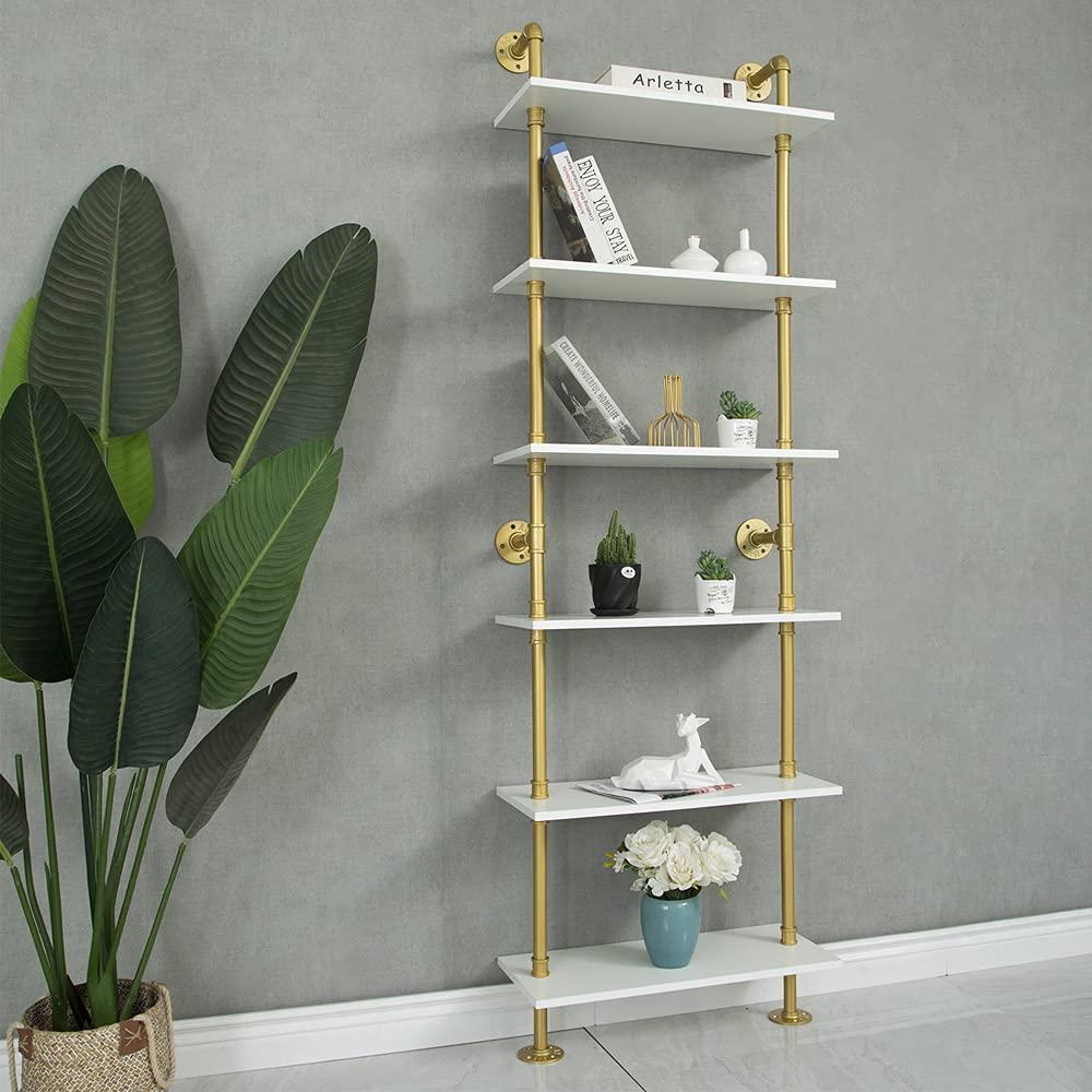 HEONITURE HEONITURE Industrial Gold Bookshelf-6 Tier Wall Mounted Ladder Bookshelf, Rustic Gold Storage Book Shelves Display Bookcases for Living Room/Home/Office