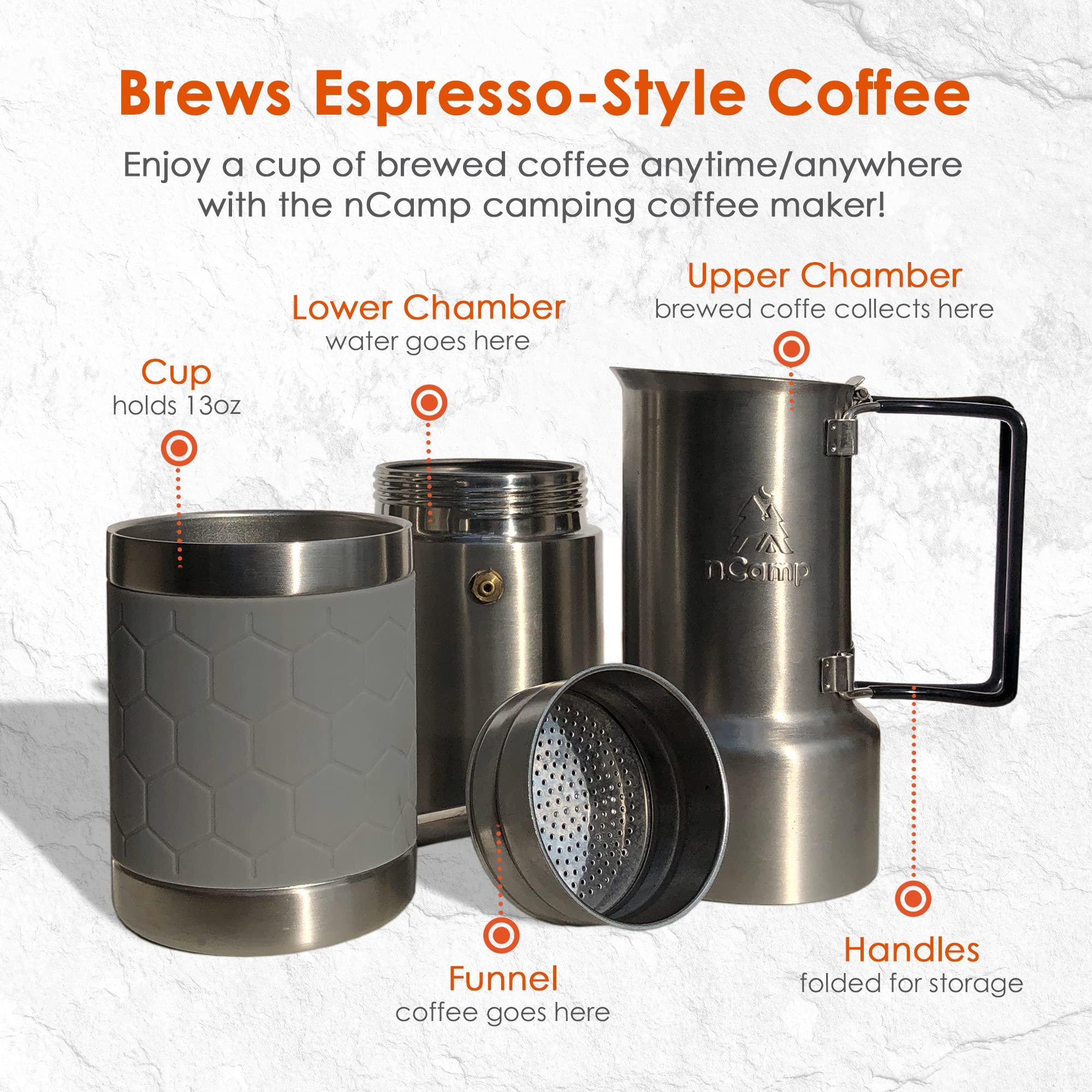 nCamp nCamp - Caf, Portable Coffee Maker, Portable Espresso Machine, Compact Camping Coffee Maker, Stainless Steel Travel Coffee Maker with Camping Coffee Cup, Reusable, 12 oz